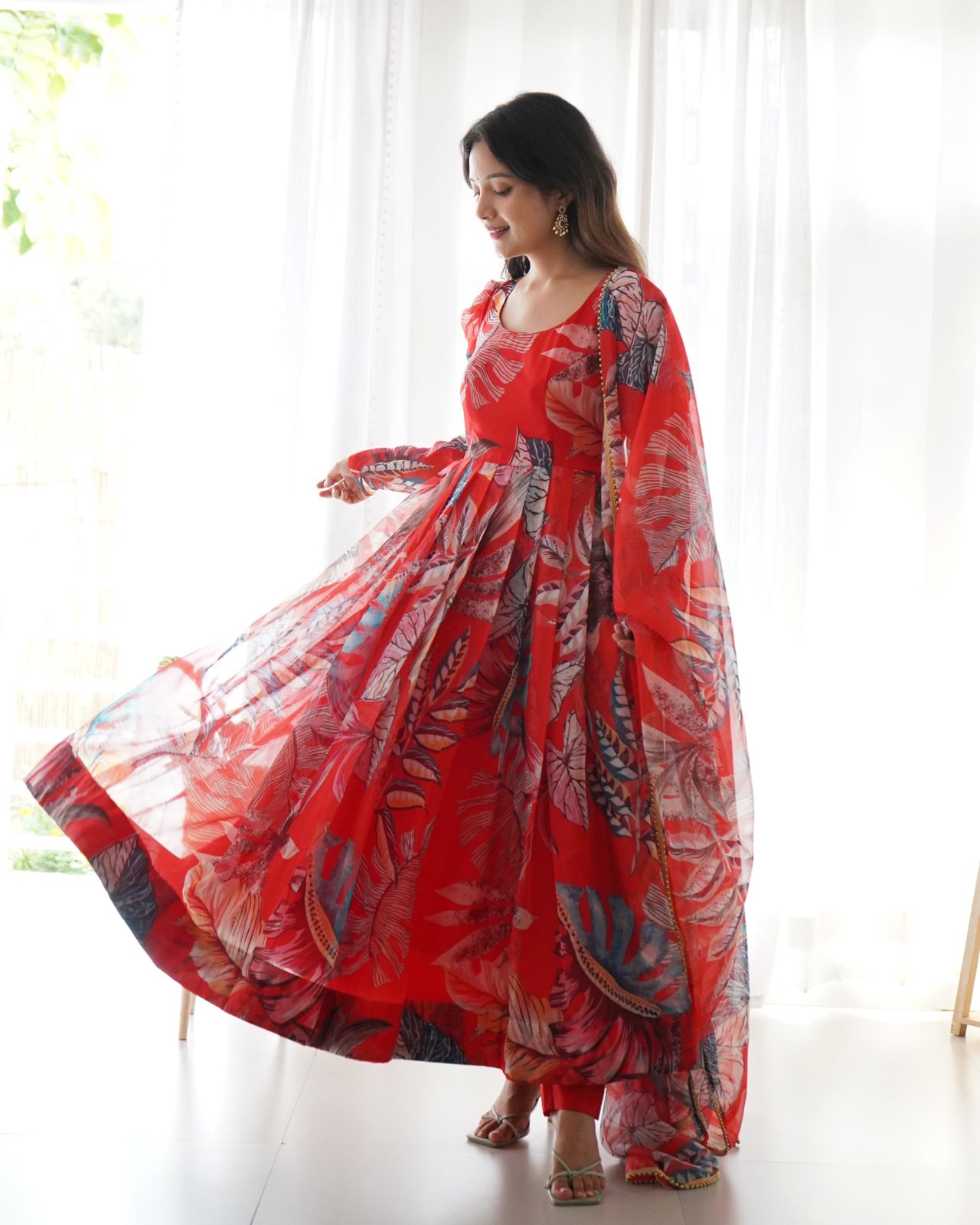 Pretty Multi Design With Red Color Anarkali Suit For Women