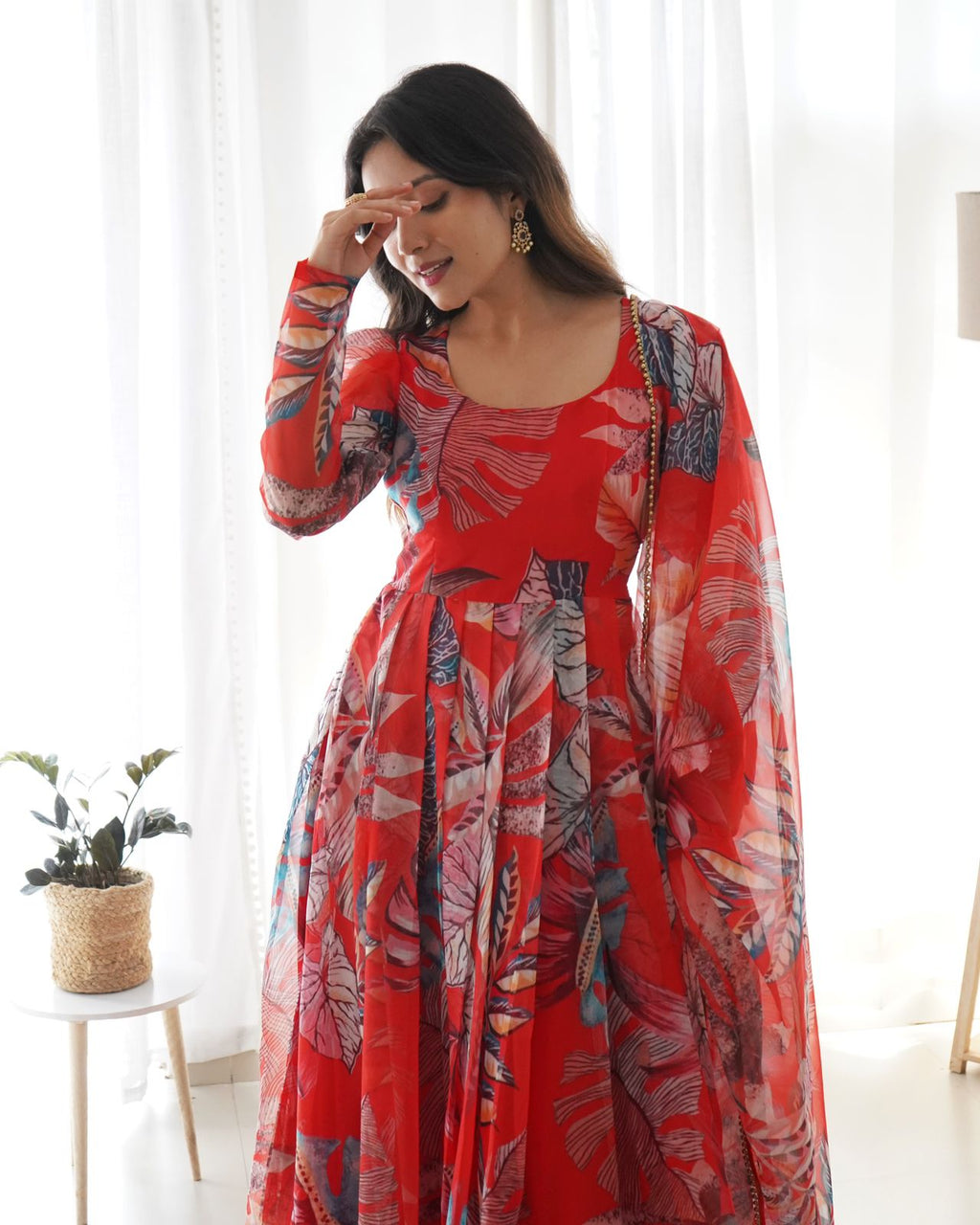 Pretty Multi Design With Red Color Anarkali Suit For Women