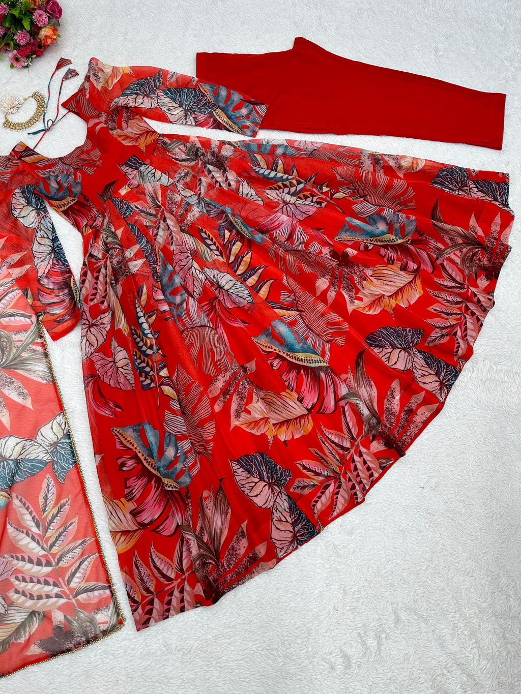 Pretty Multi Design With Red Color Anarkali Suit For Women