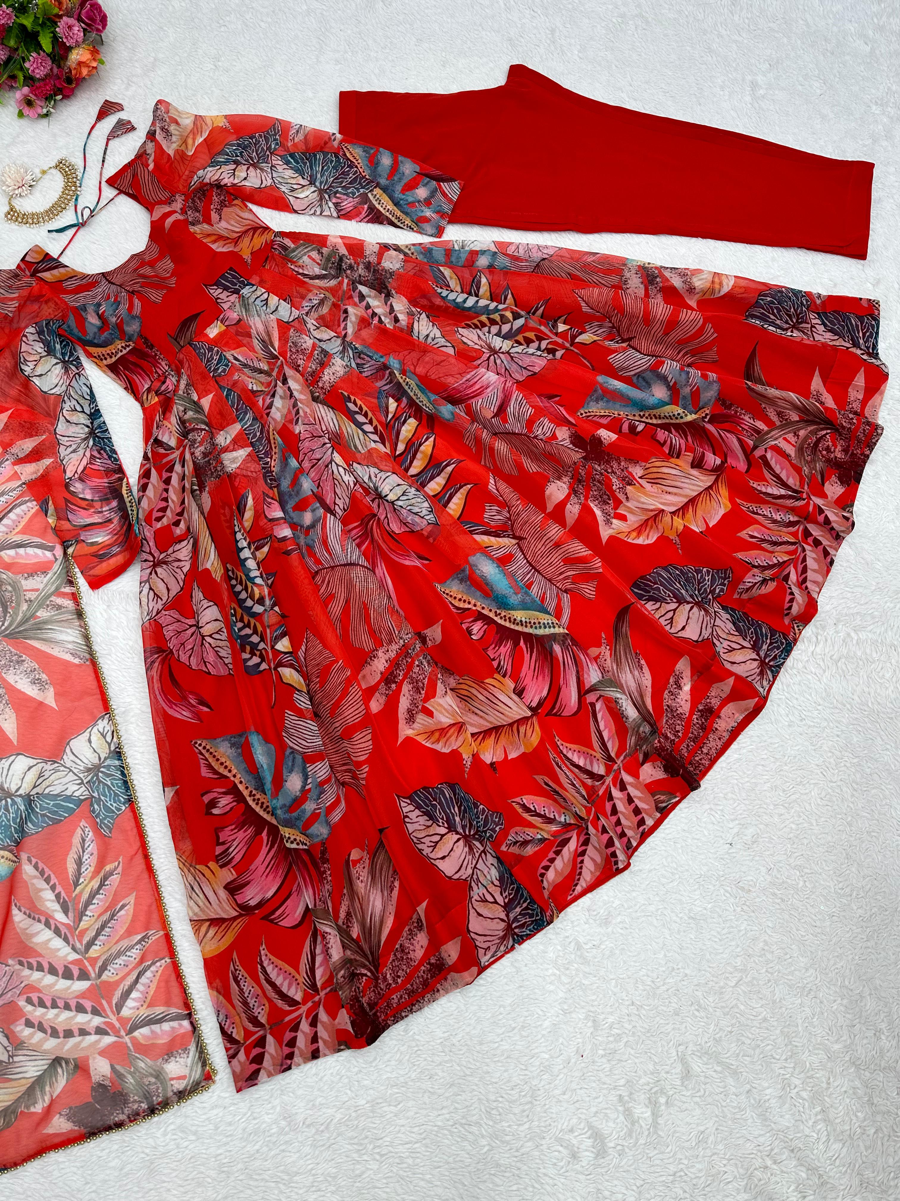 Pretty Multi Design With Red Color Anarkali Suit For Women