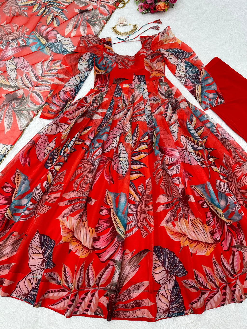 Pretty Multi Design With Red Color Anarkali Suit For Women