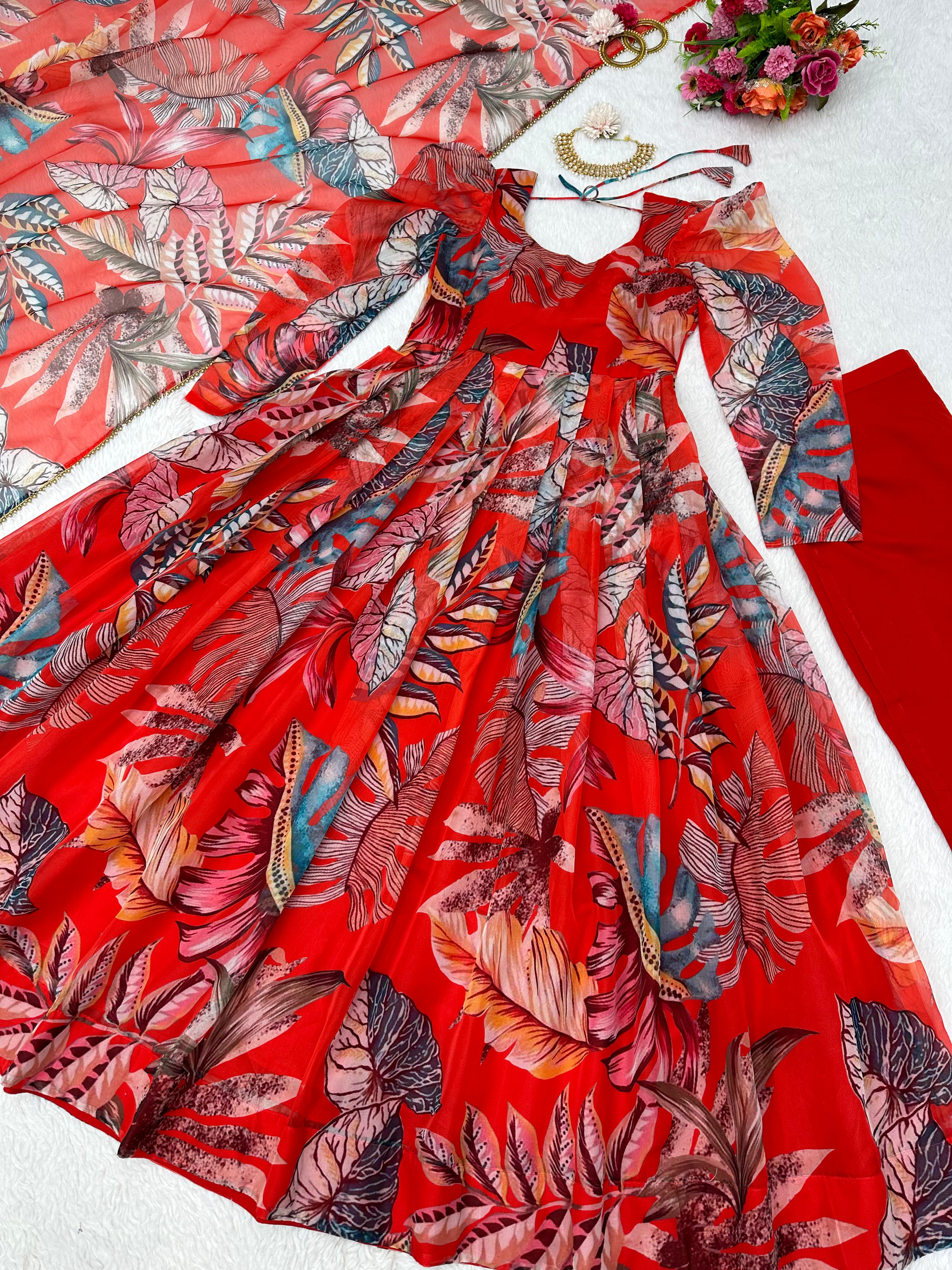 Pretty Multi Design With Red Color Anarkali Suit For Women