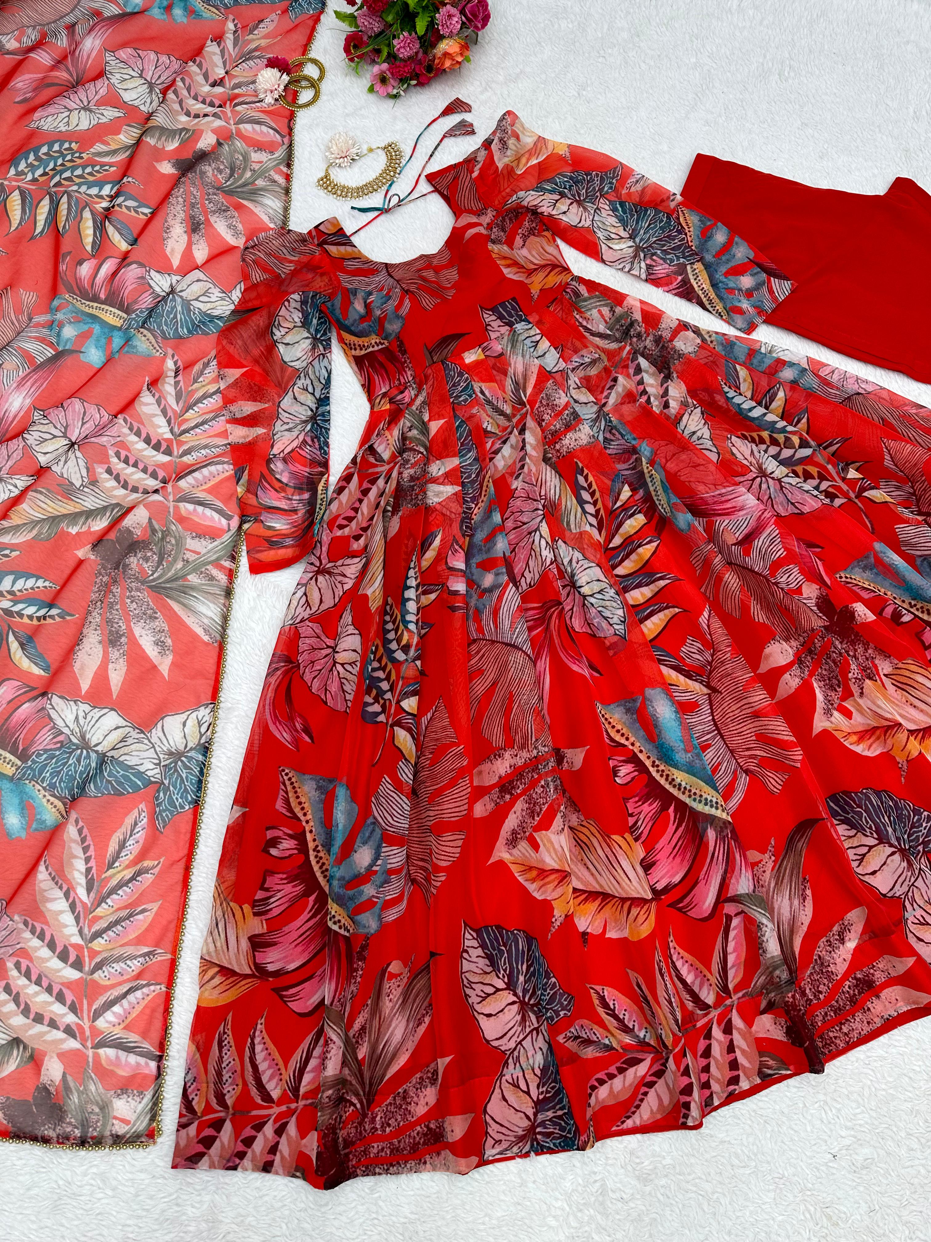 Pretty Multi Design With Red Color Anarkali Suit For Women