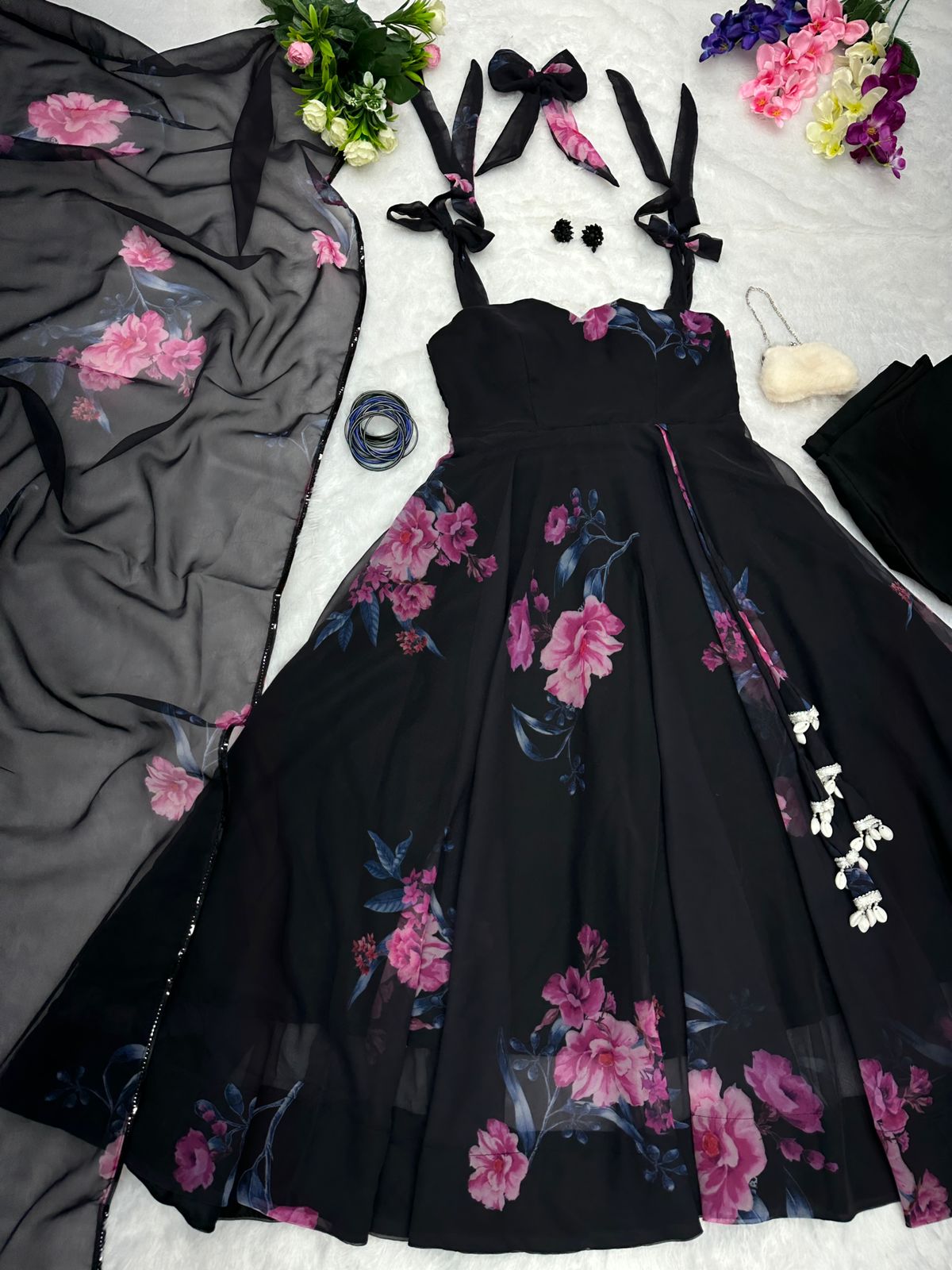 Black Color Flower Print Sleeveless Gown With Dupatta | Anarkali Suit For Women