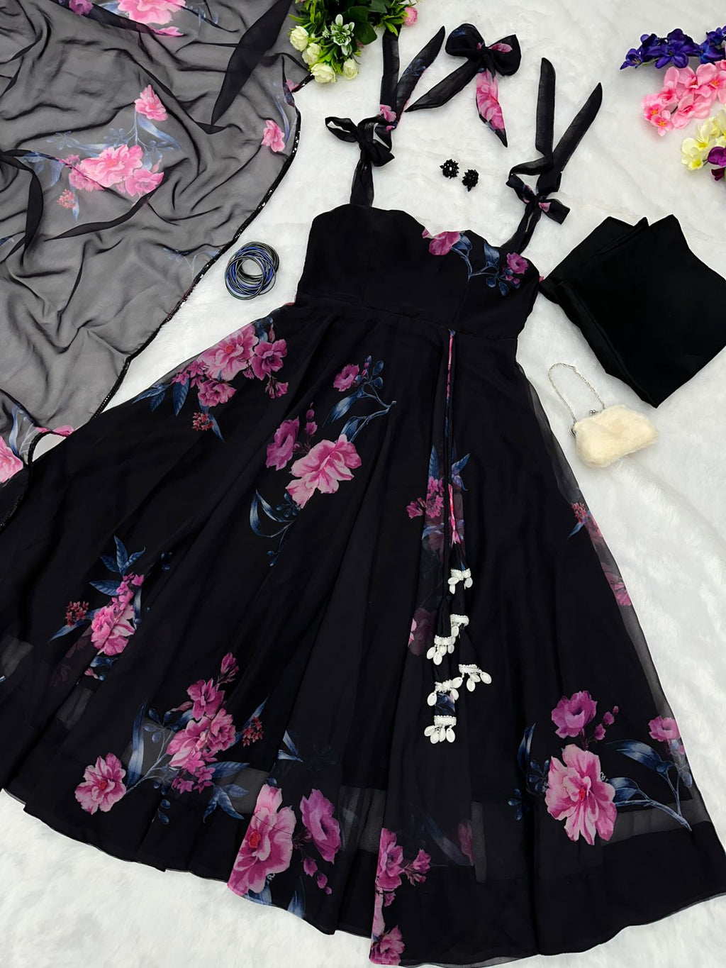 Black Color Flower Print Sleeveless Gown With Dupatta | Anarkali Suit For Women