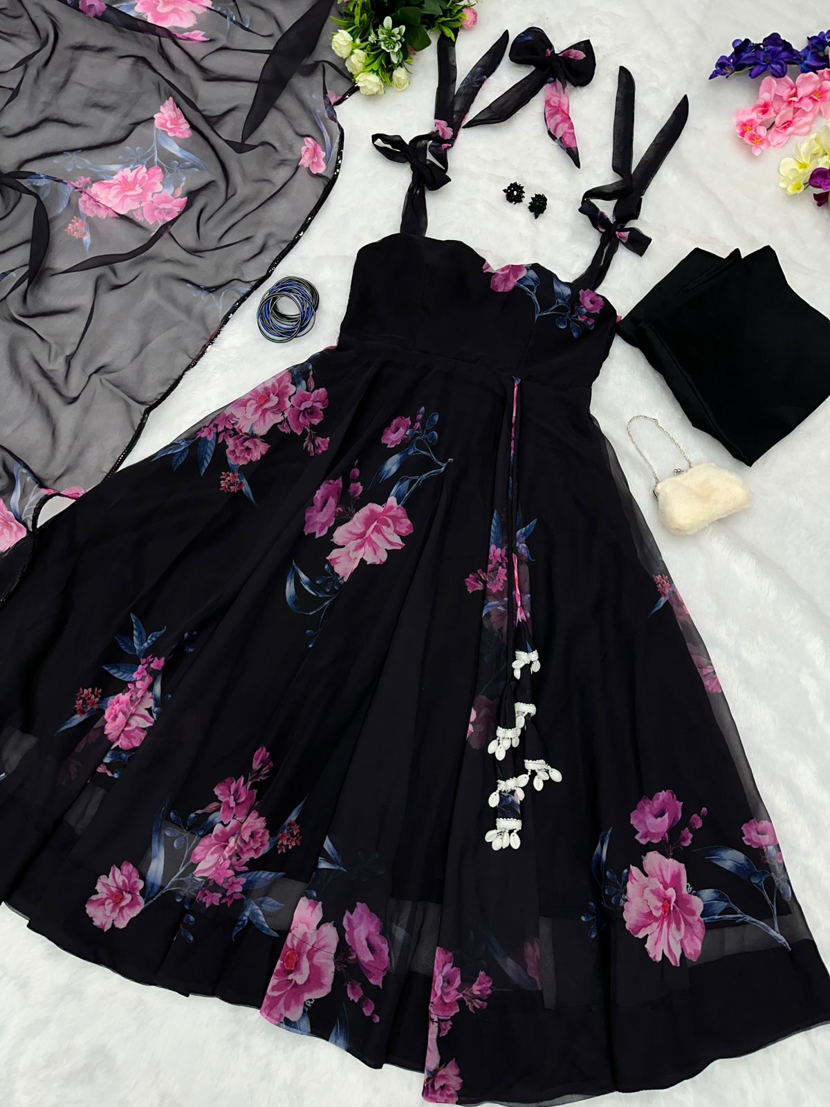 Black Color Flower Print Sleeveless Gown With Dupatta | Anarkali Suit For Women