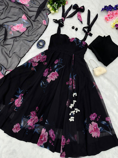 Black Color Flower Print Sleeveless Gown With Dupatta | Anarkali Suit For Women