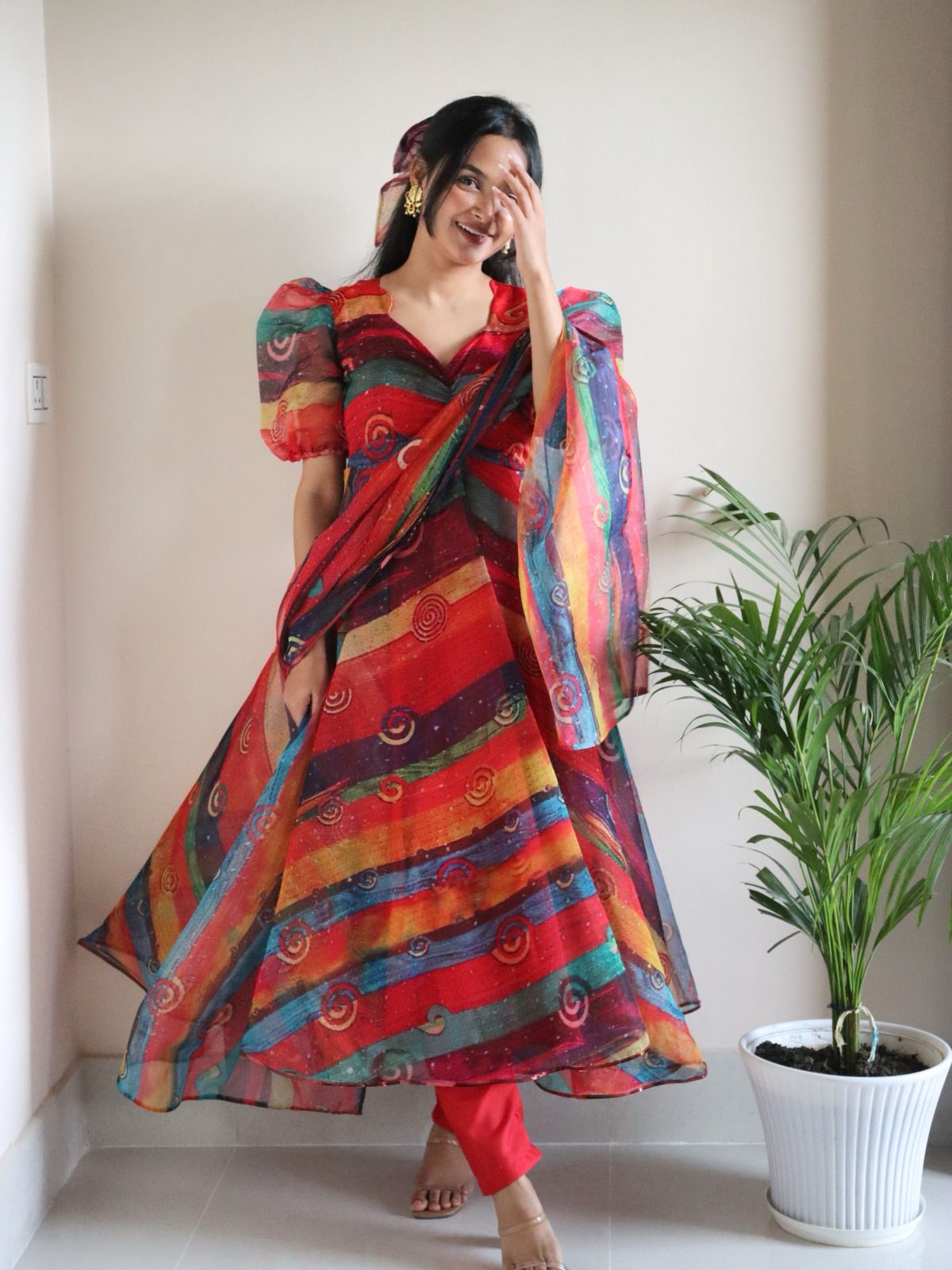 Multi Color Digital printed organza silk Anarkali Suit For Women
