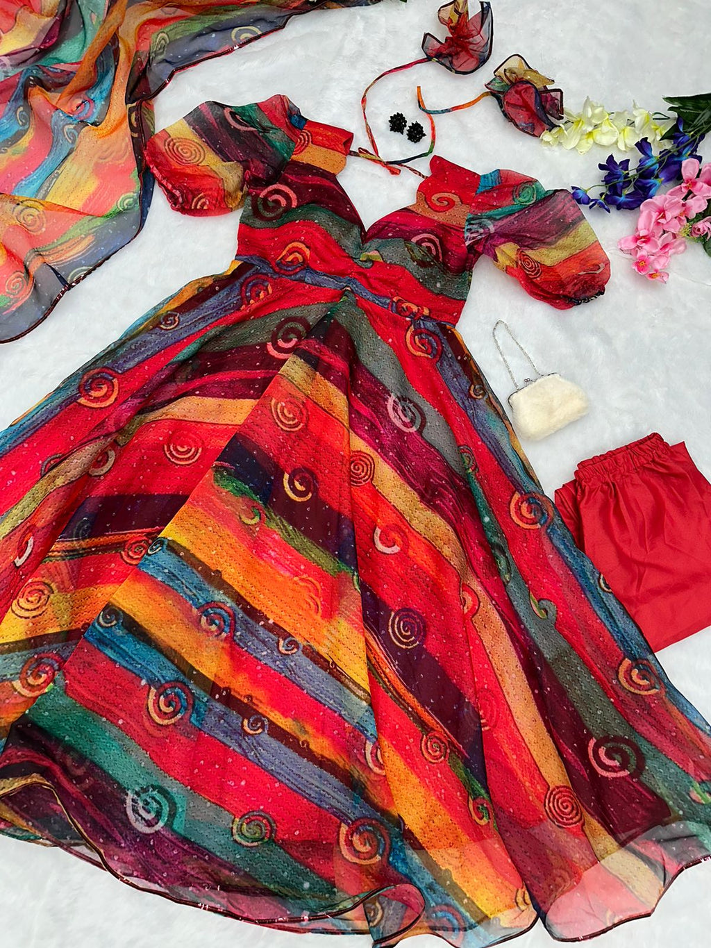 Multi Color Digital printed organza silk Anarkali Suit For Women