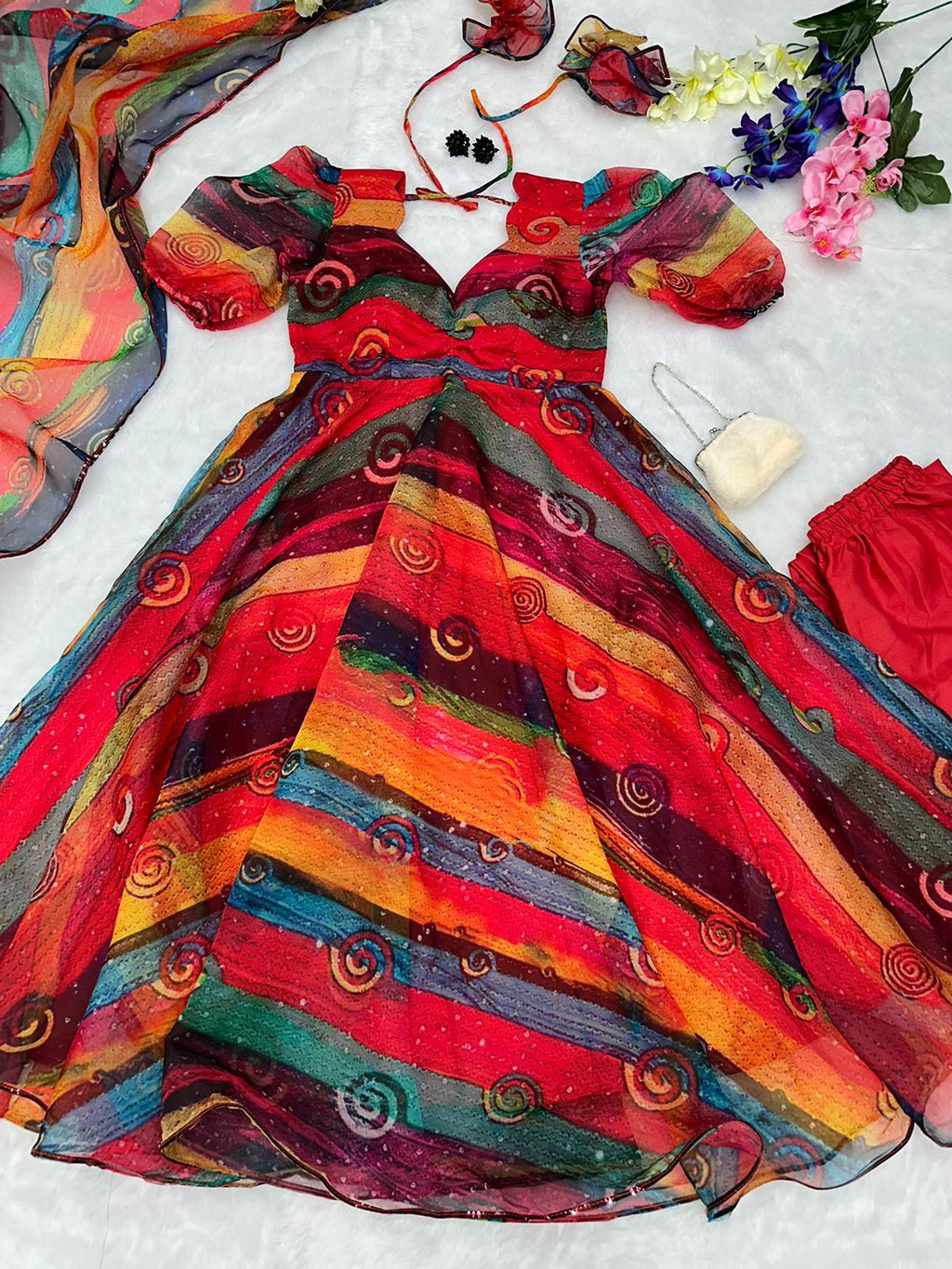 Multi Color Digital printed organza silk Anarkali Suit For Women