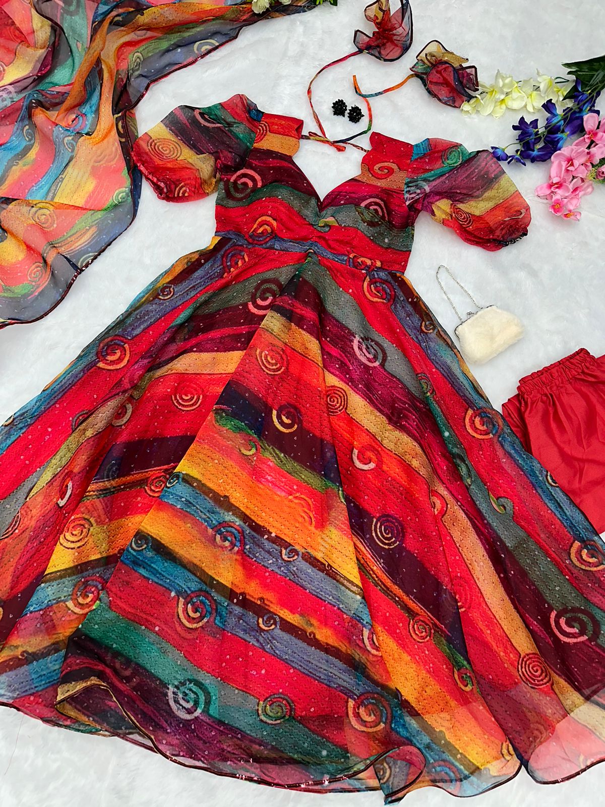 Multi Color Digital printed organza silk Anarkali Suit For Women