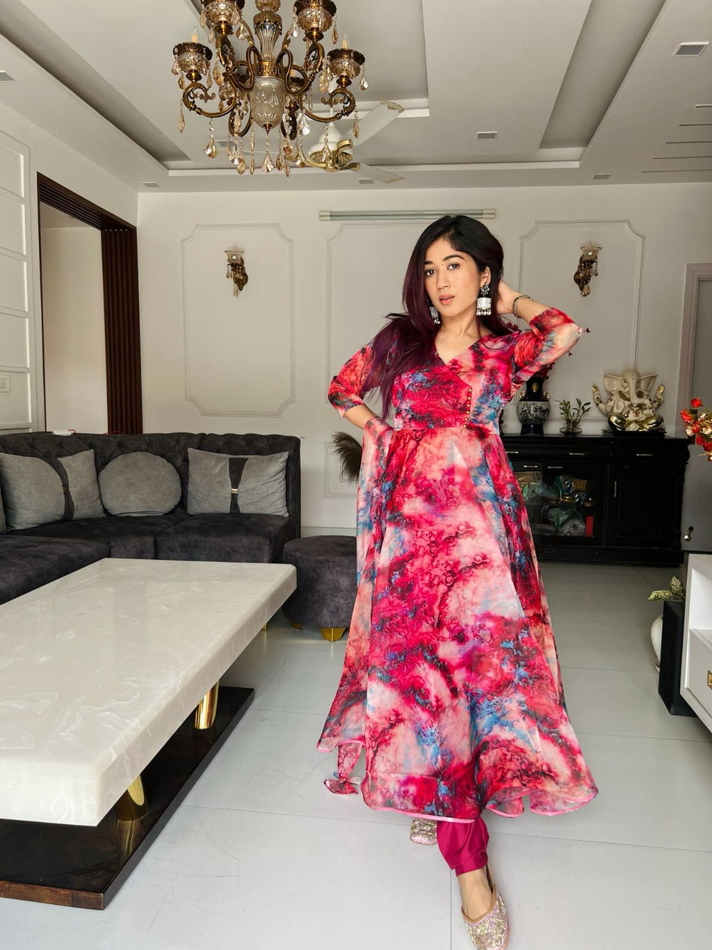 Latest Maroon Color Organza Silk Printed Anarkali Gown For Women