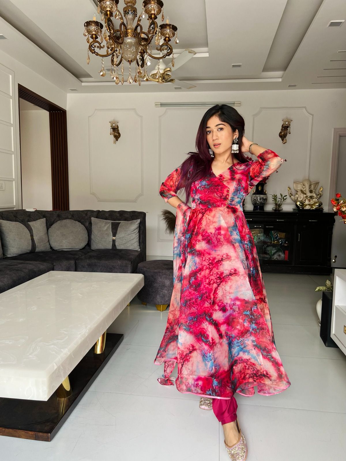 Latest Maroon Color Organza Silk Printed Anarkali Gown For Women