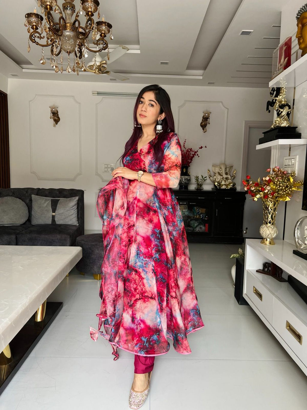 Latest Maroon Color Organza Silk Printed Anarkali Gown For Women