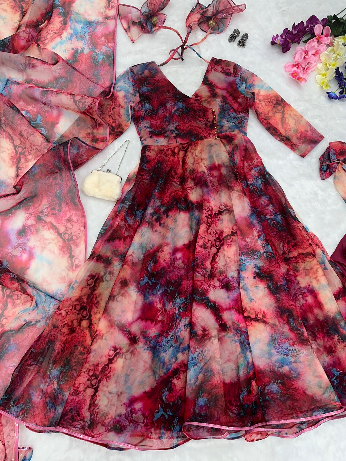 Latest Maroon Color Organza Silk Printed Anarkali Gown For Women