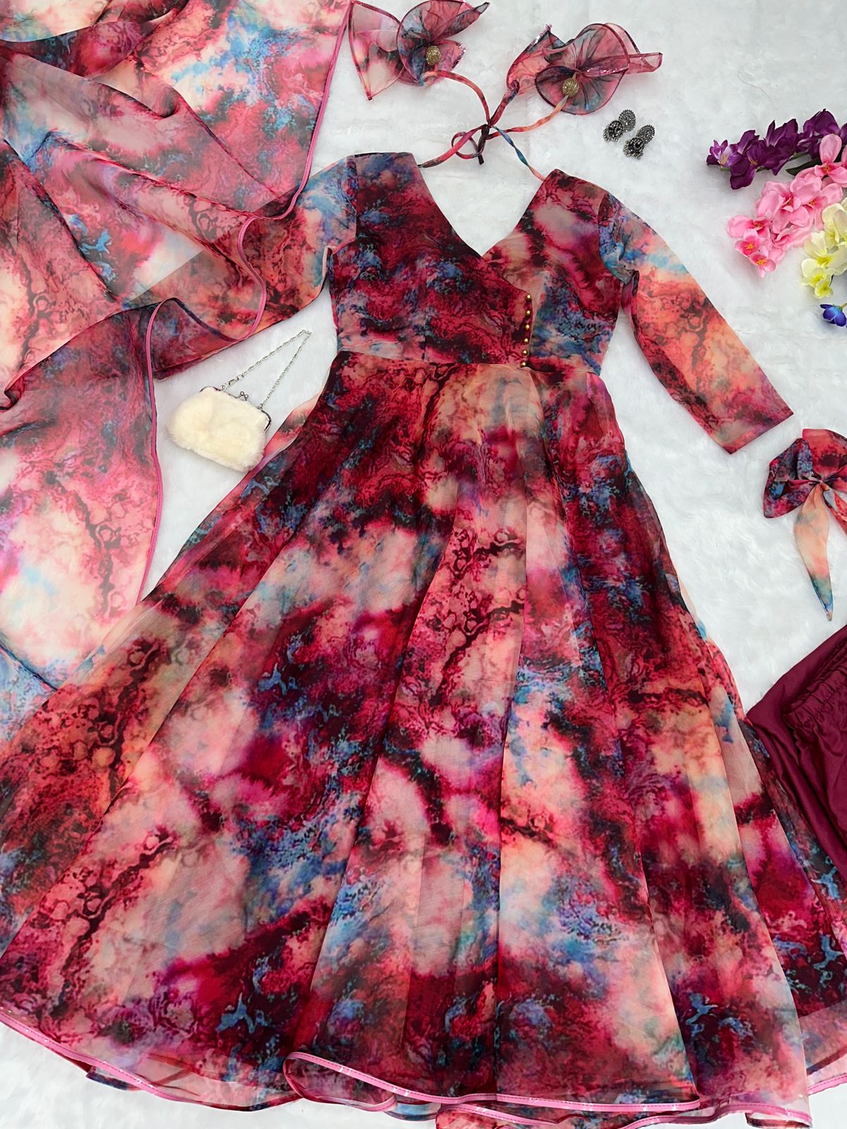 Latest Maroon Color Organza Silk Printed Anarkali Gown For Women