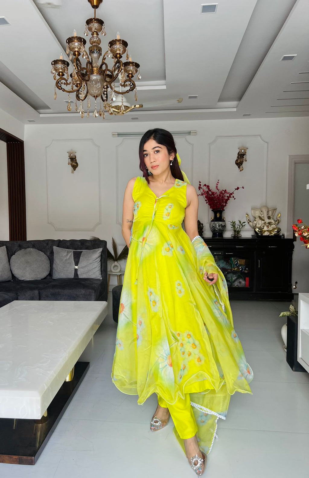 Lemon Green Color Digital Printed Anarkali Suit For Women