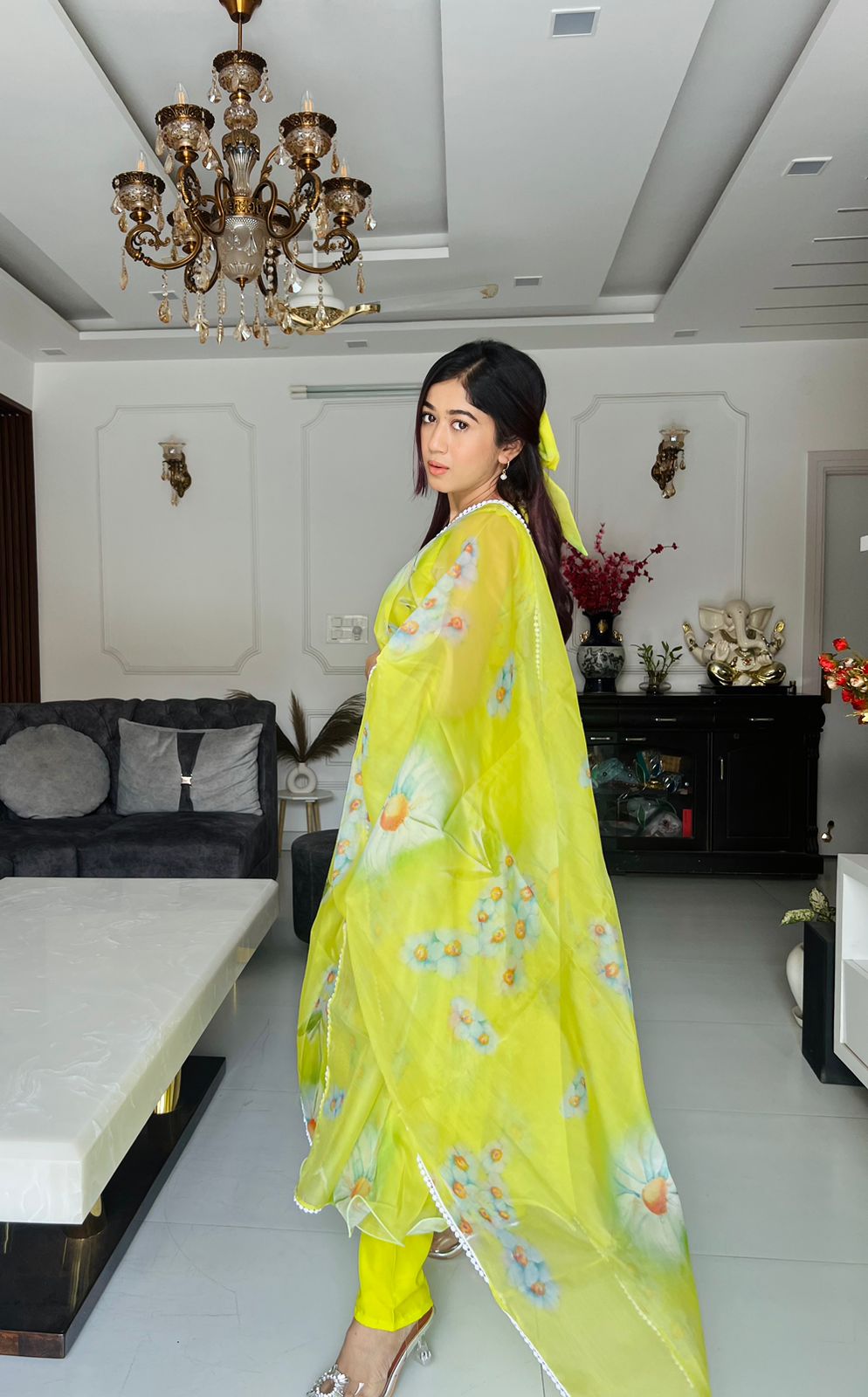 Lemon Green Color Digital Printed Anarkali Suit For Women