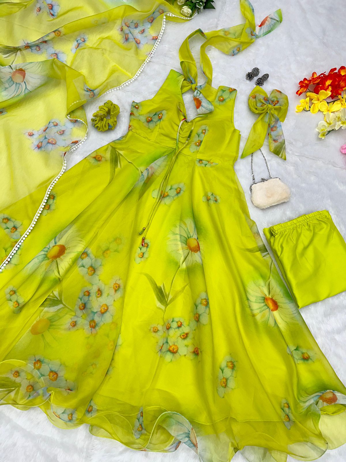 Lemon Green Color Digital Printed Anarkali Suit For Women