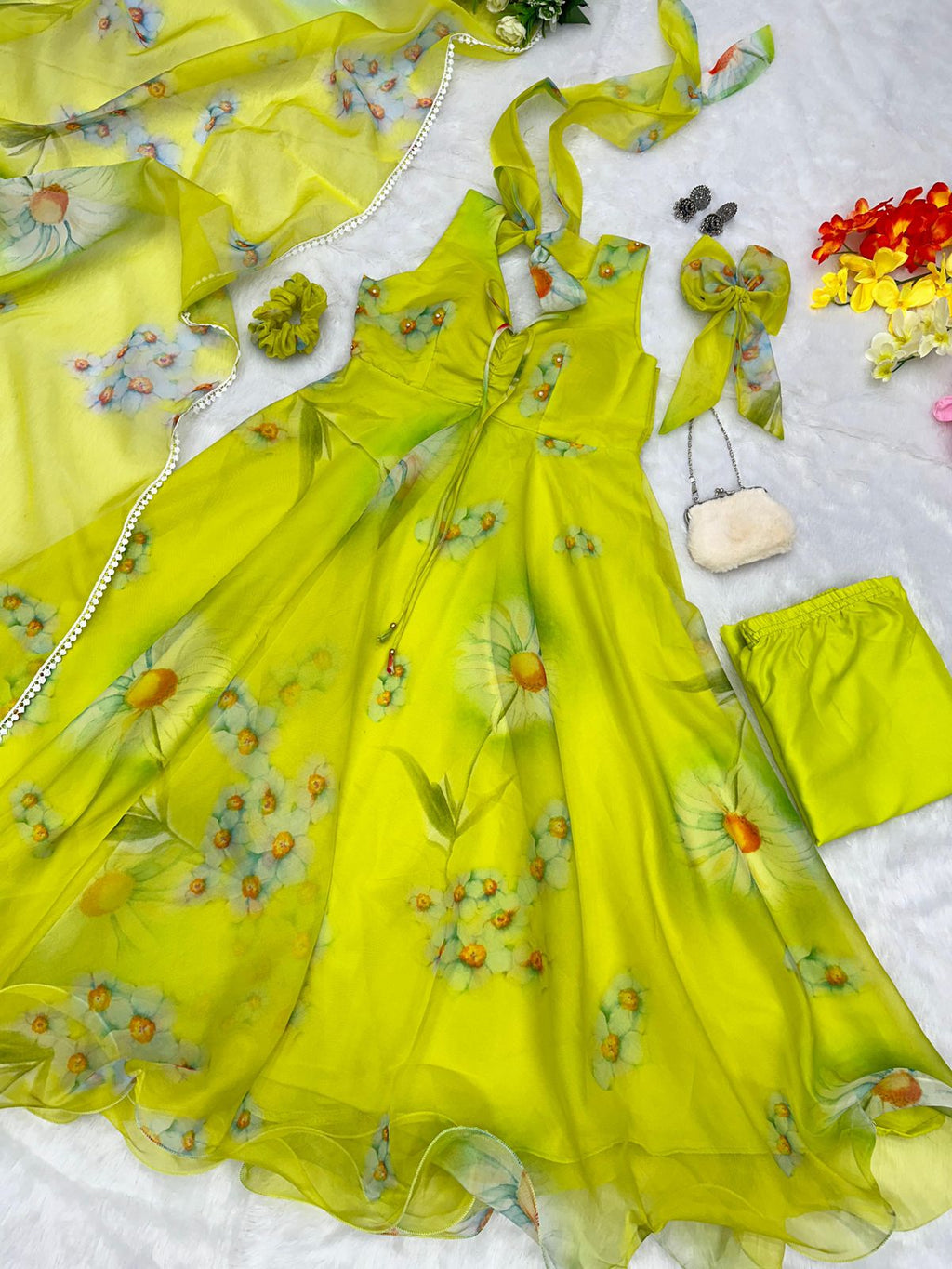 Lemon Green Color Digital Printed Anarkali Suit For Women