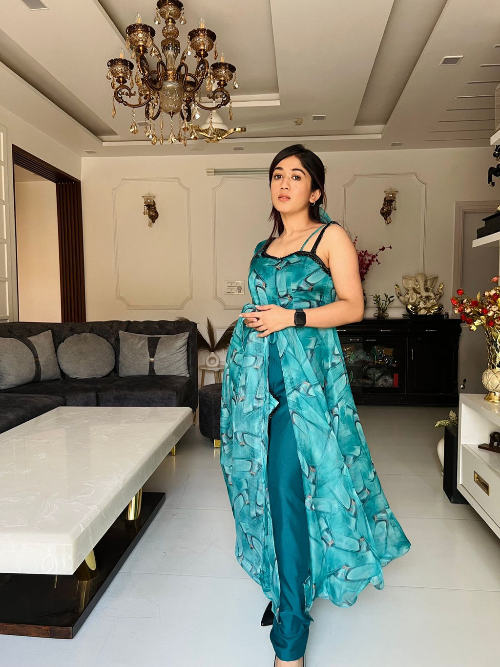 Latest Printed Organza Aqua Blue Anarkali Suit For Women