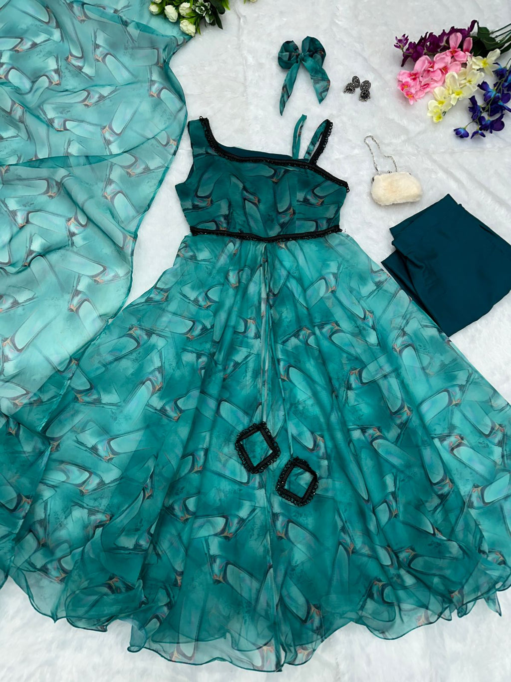 Latest Printed Organza Aqua Blue Anarkali Suit For Women