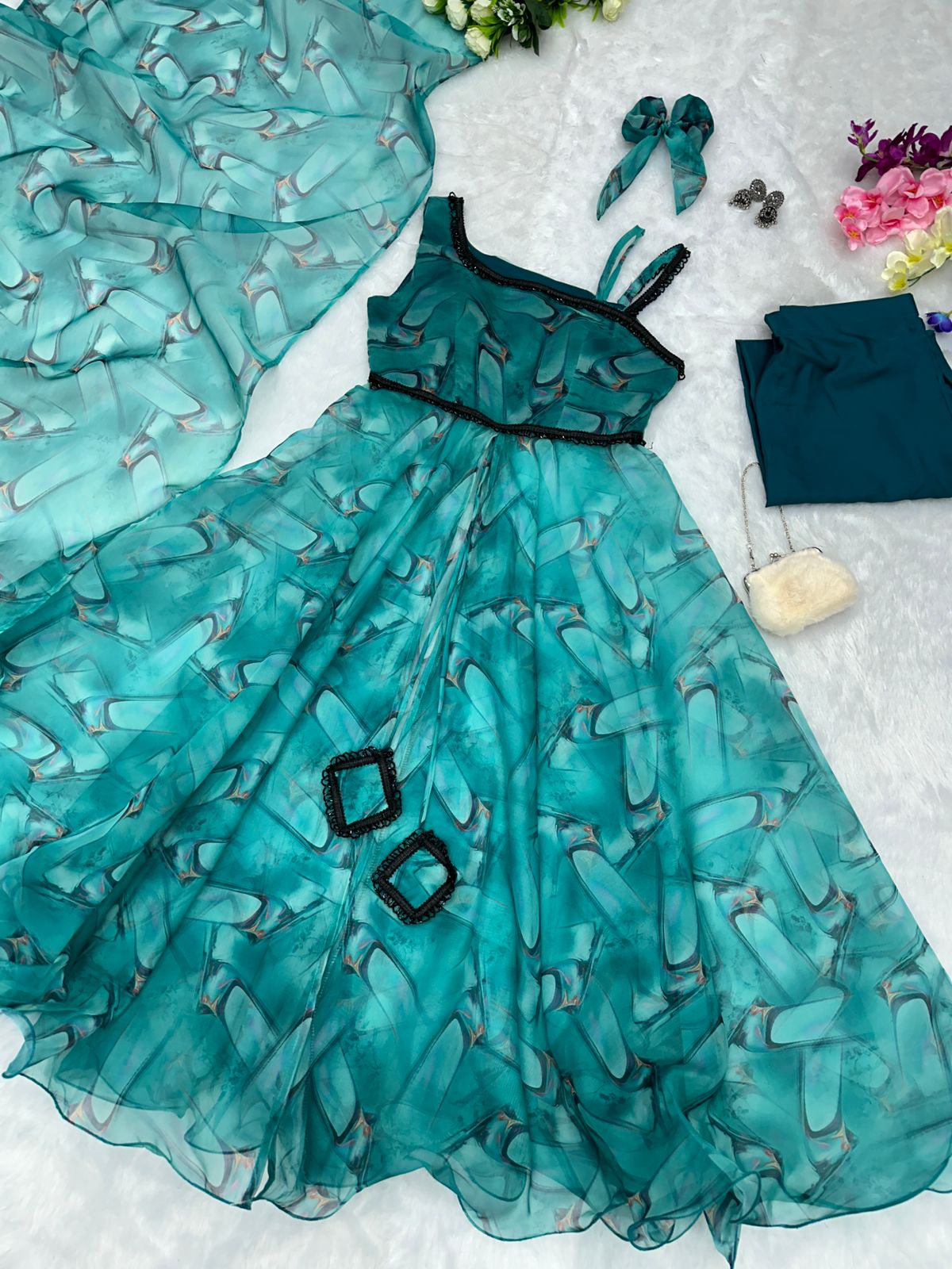 Latest Printed Organza Aqua Blue Anarkali Suit For Women