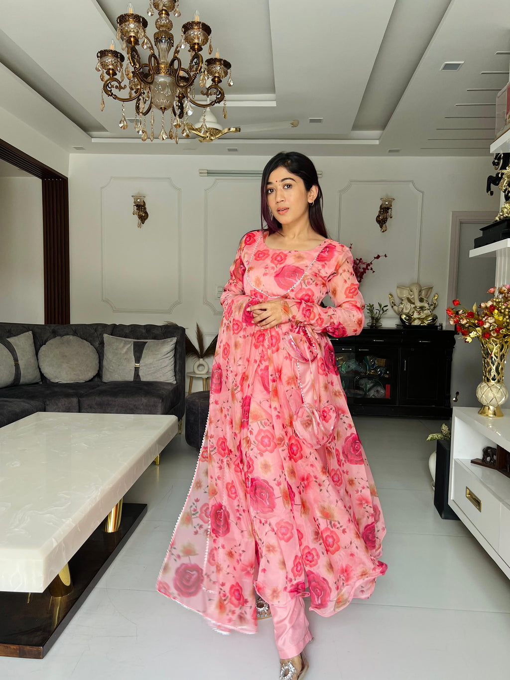Peach Color Georgette Printed Anarkali Suit For Women