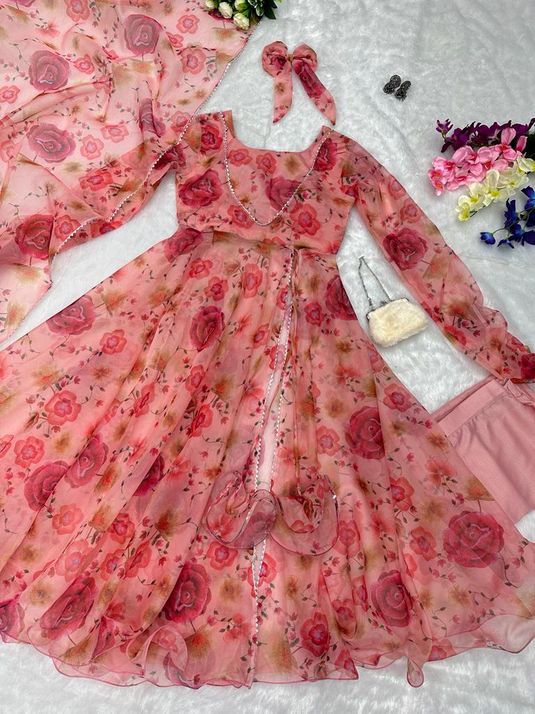 Peach Color Georgette Printed Anarkali Suit For Women