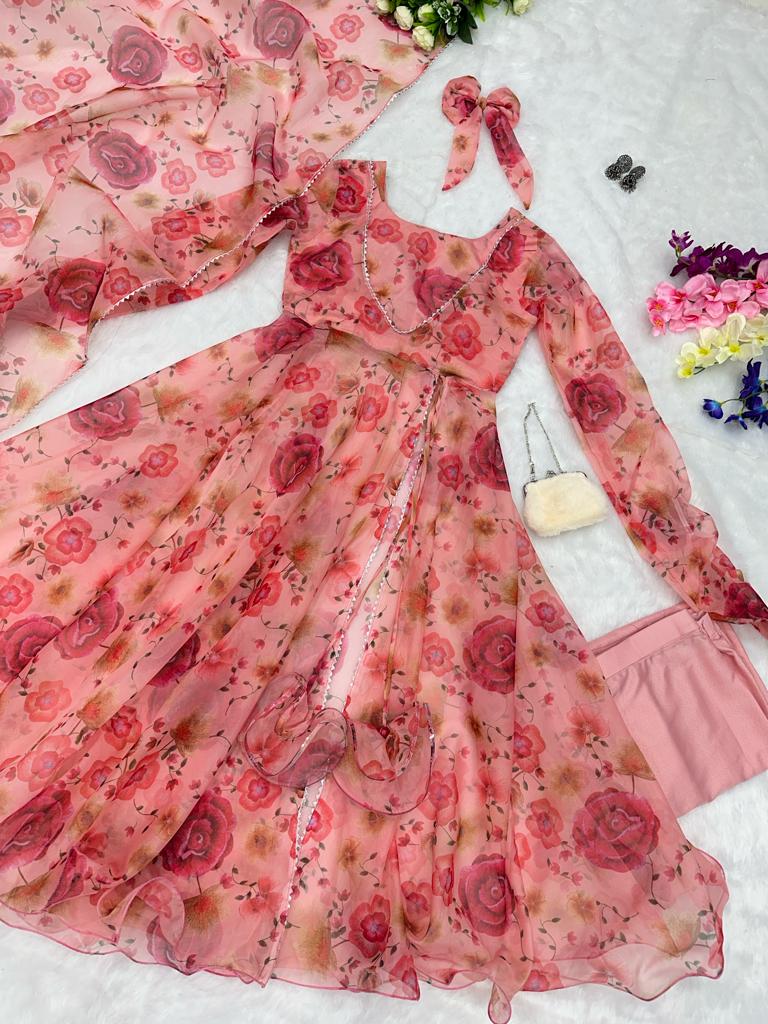 Peach Color Georgette Printed Anarkali Suit For Women