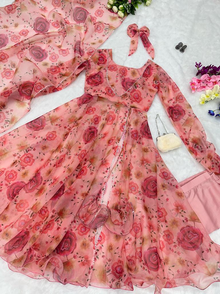 Peach Color Georgette Printed Anarkali Suit For Women
