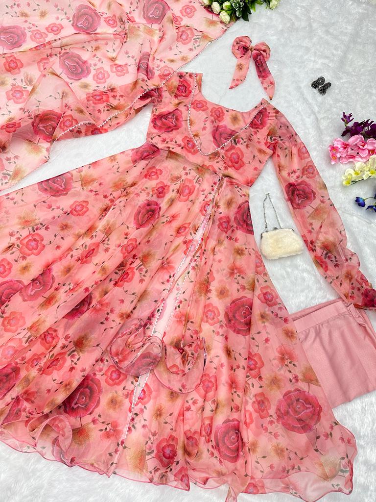 Peach Color Georgette Printed Anarkali Suit For Women