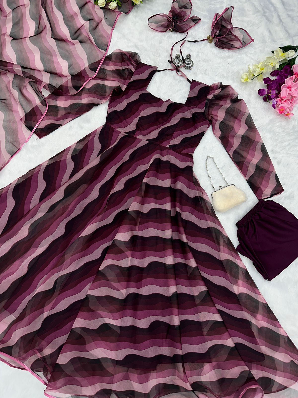 Wine Digital Printed Organza Silk Anarkali Suit For Women
