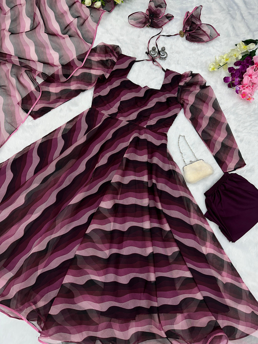 Wine Digital Printed Organza Silk Anarkali Suit For Women