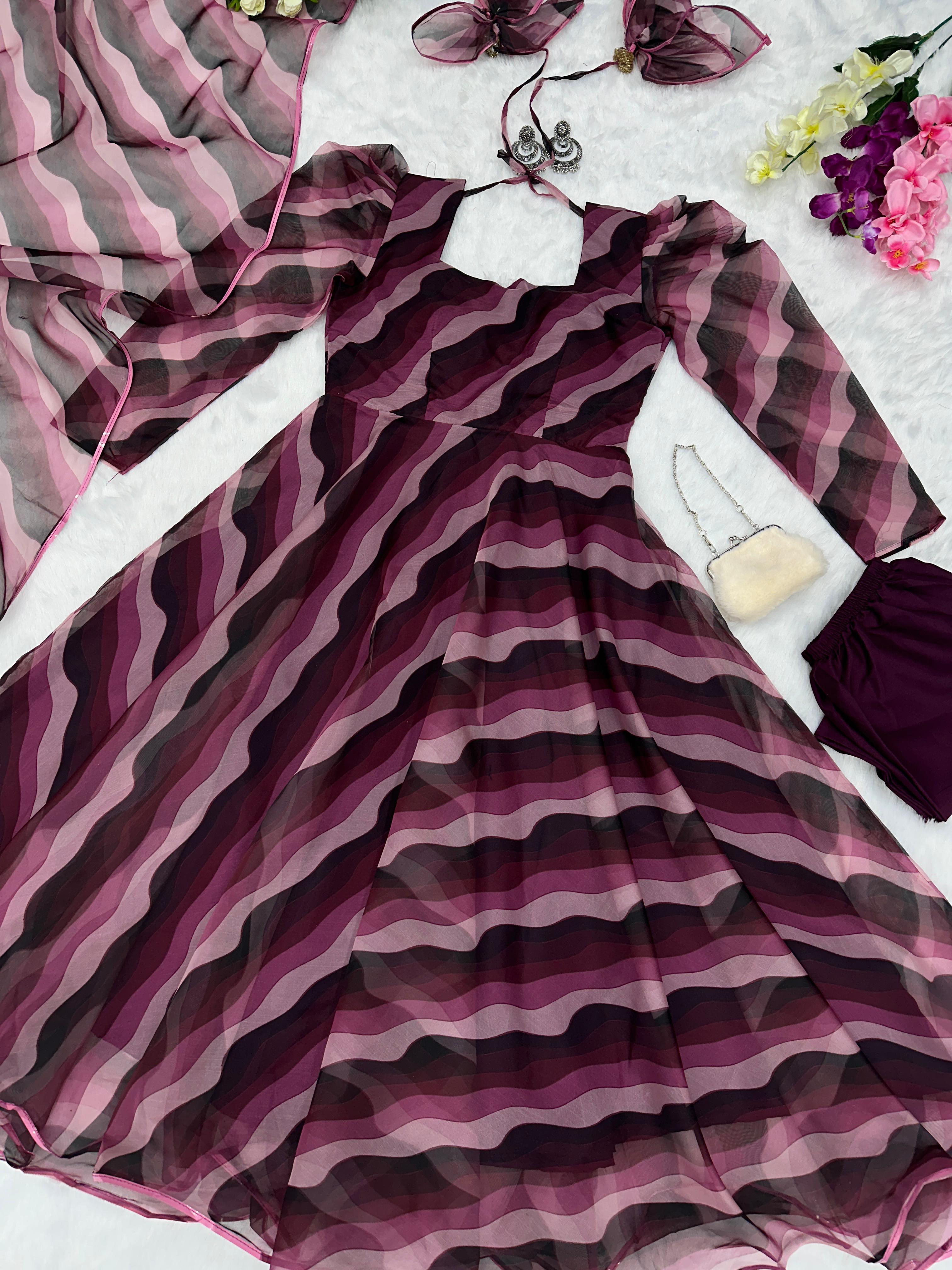 Wine Digital Printed Organza Silk Anarkali Suit For Women