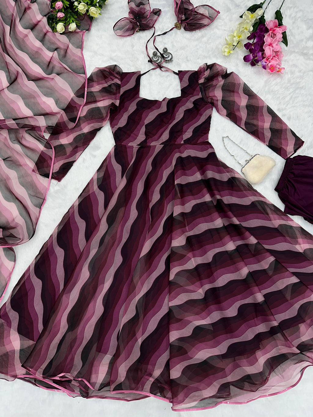 Wine Digital Printed Organza Silk Anarkali Suit For Women