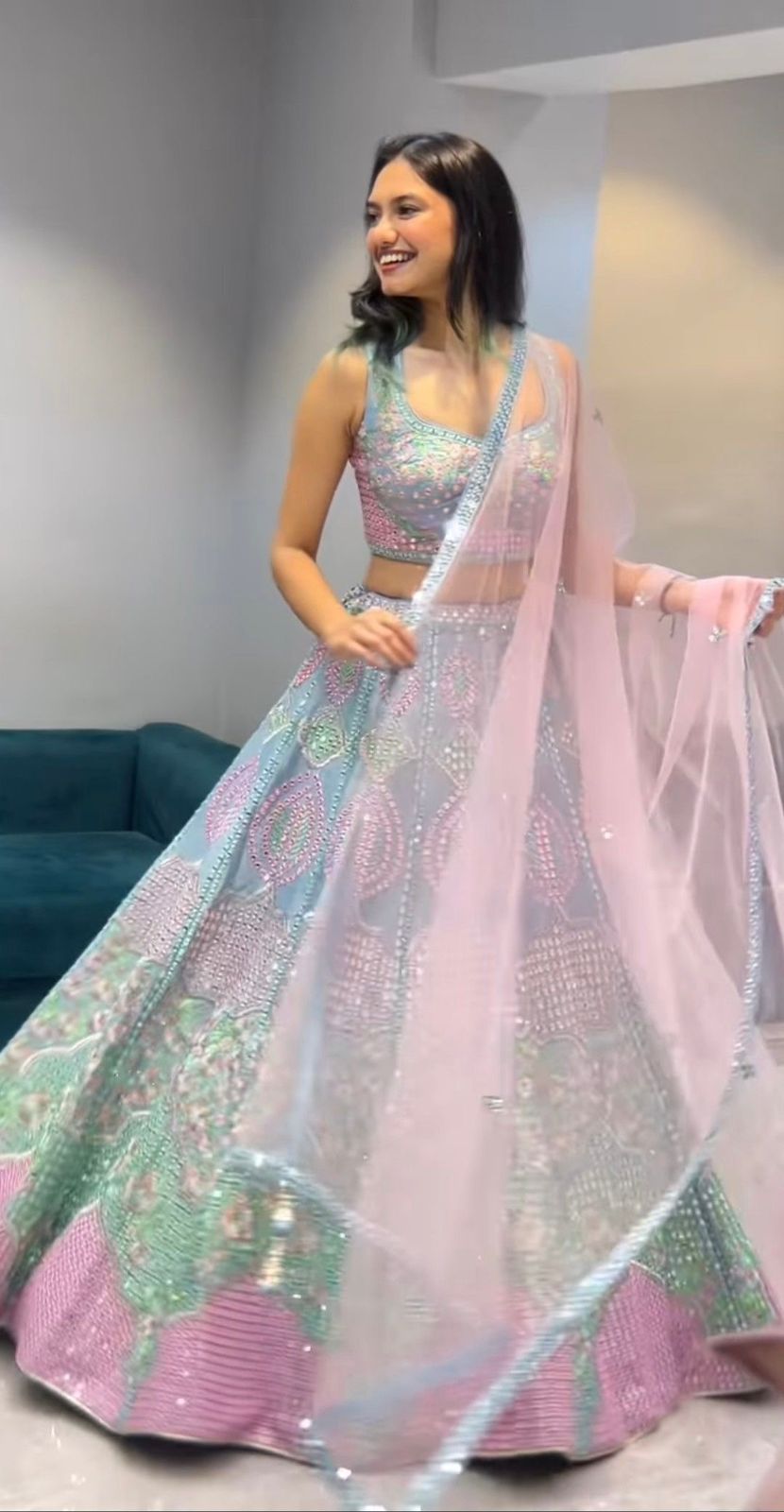 Wedding Wear Sky Blue Color Mirror Work Lehenga Choli