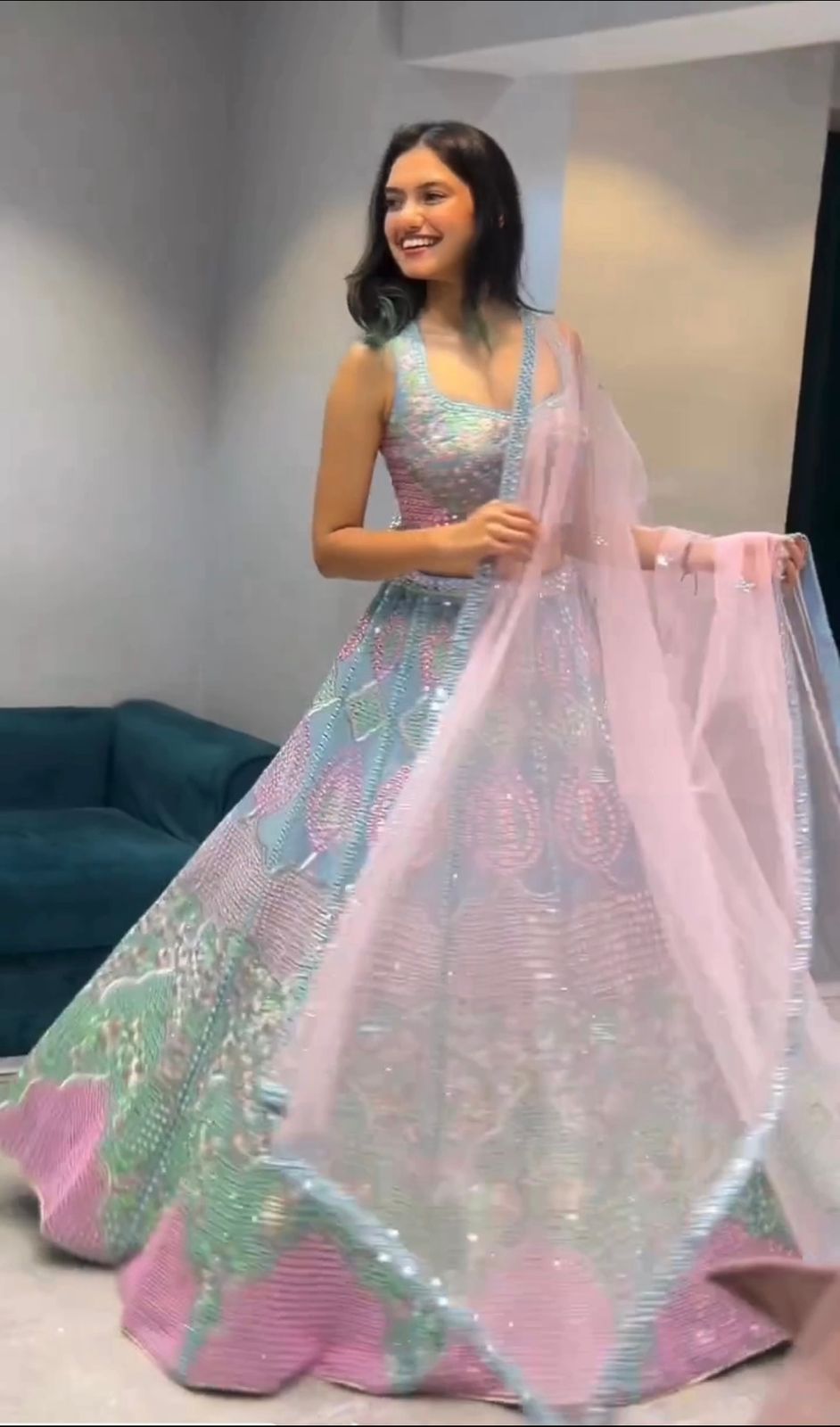 Wedding Wear Sky Blue Color Mirror Work Lehenga Choli