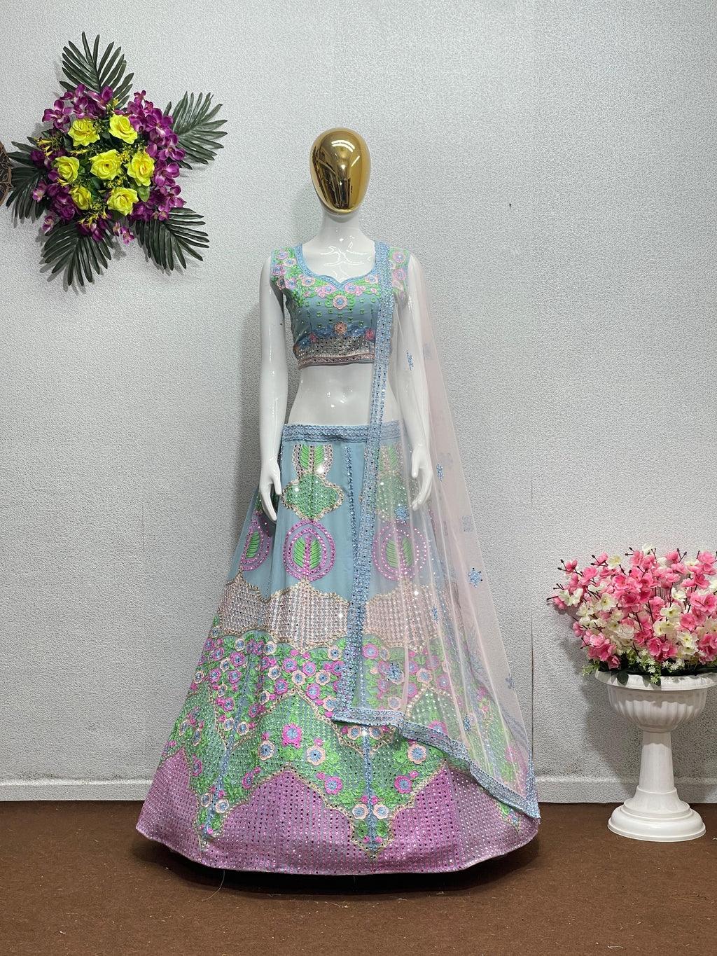 Wedding Wear Sky Blue Color Mirror Work Lehenga Choli