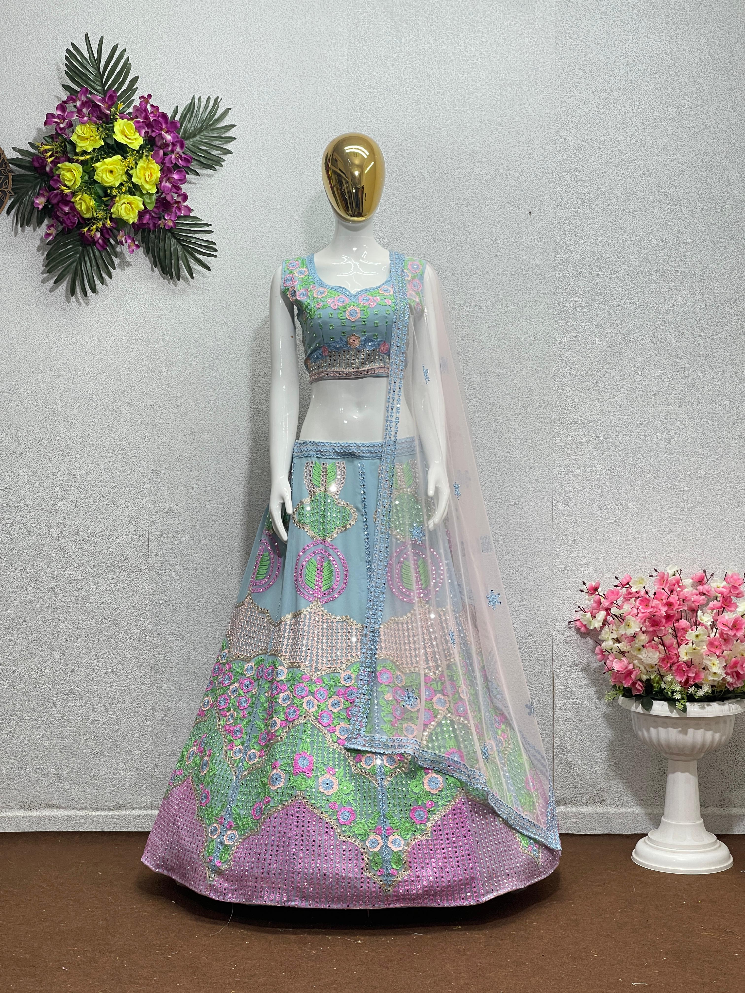 Wedding Wear Sky Blue Color Mirror Work Lehenga Choli