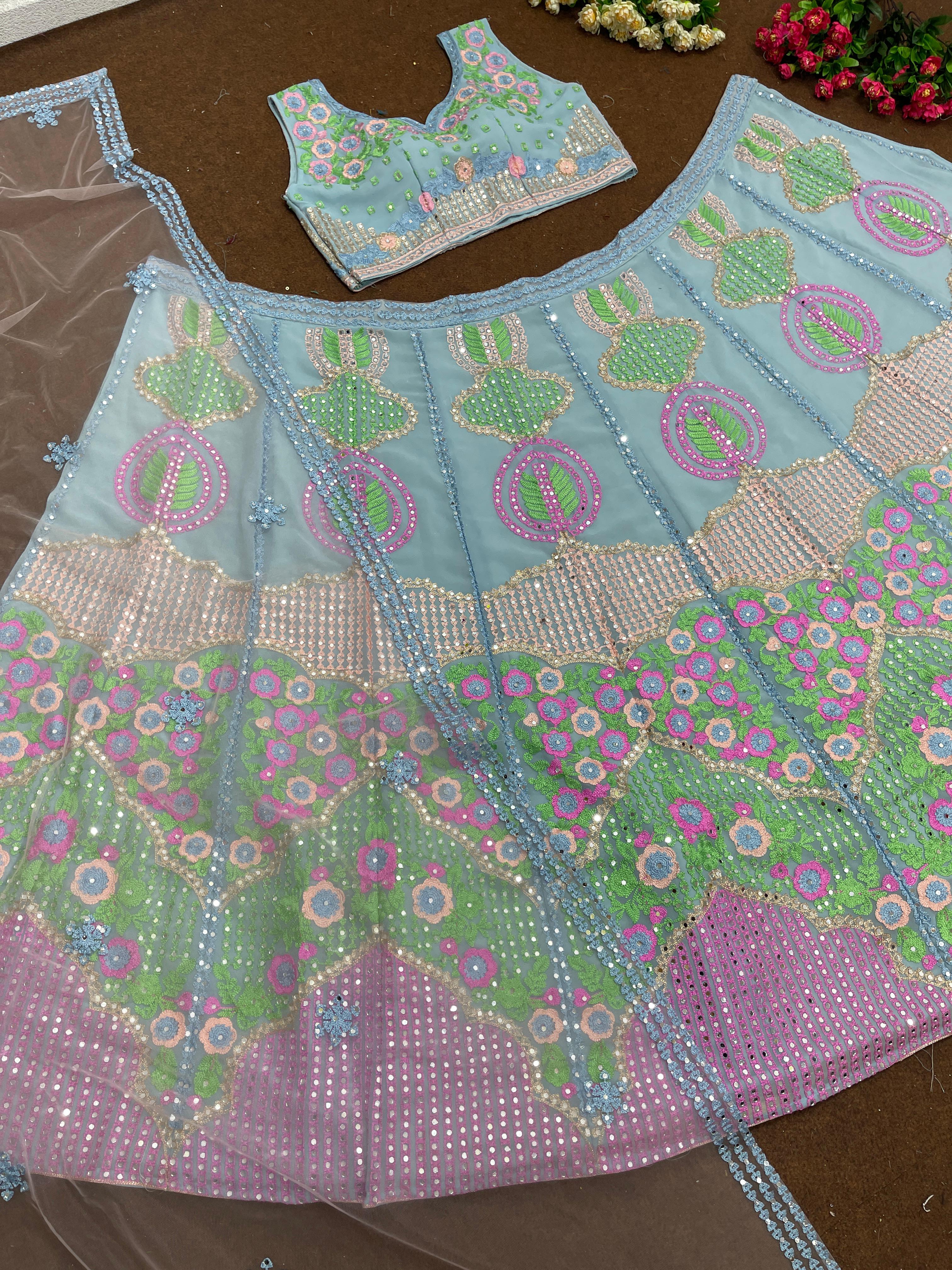 Wedding Wear Sky Blue Color Mirror Work Lehenga Choli