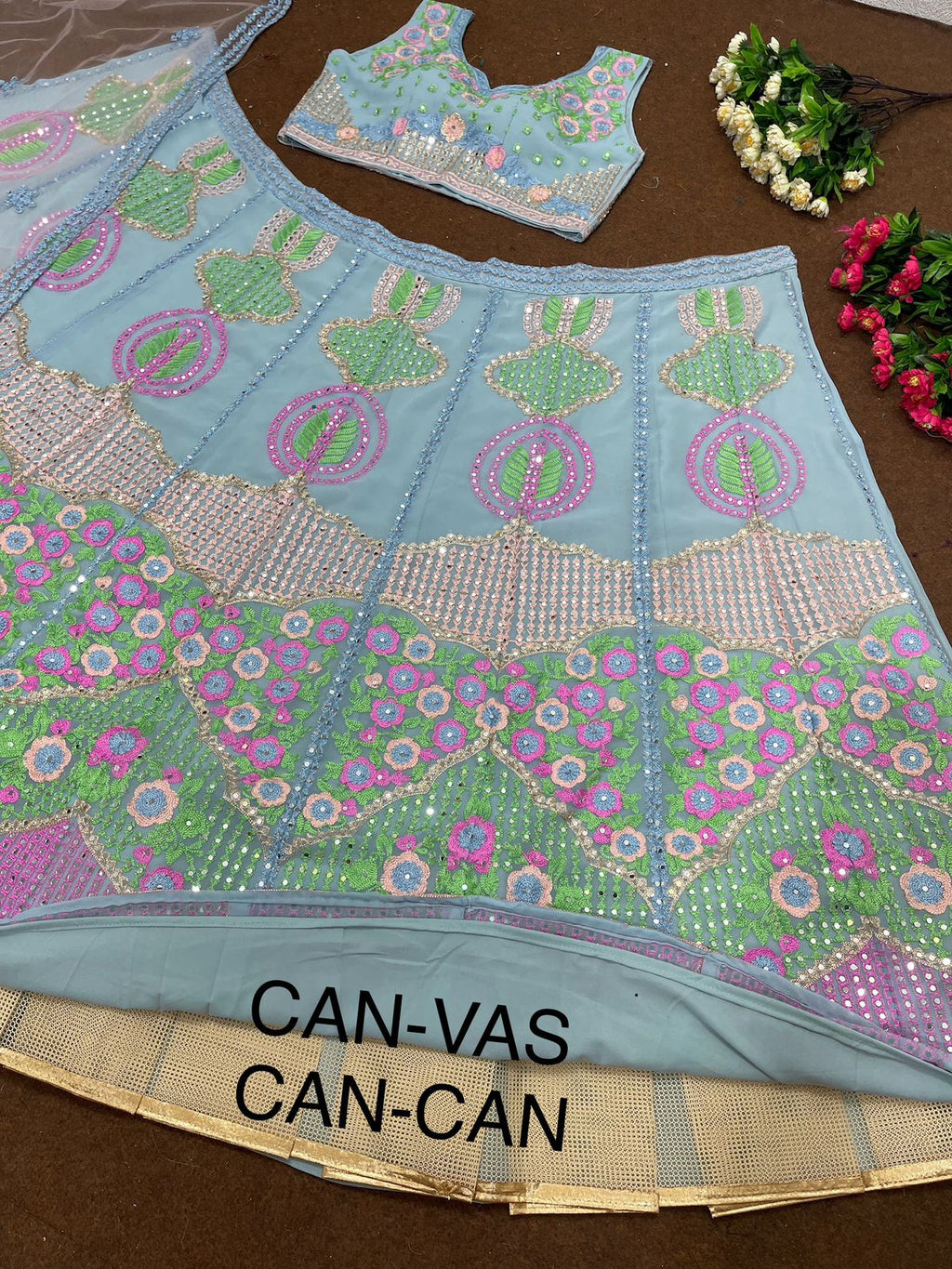 Wedding Wear Sky Blue Color Mirror Work Lehenga Choli