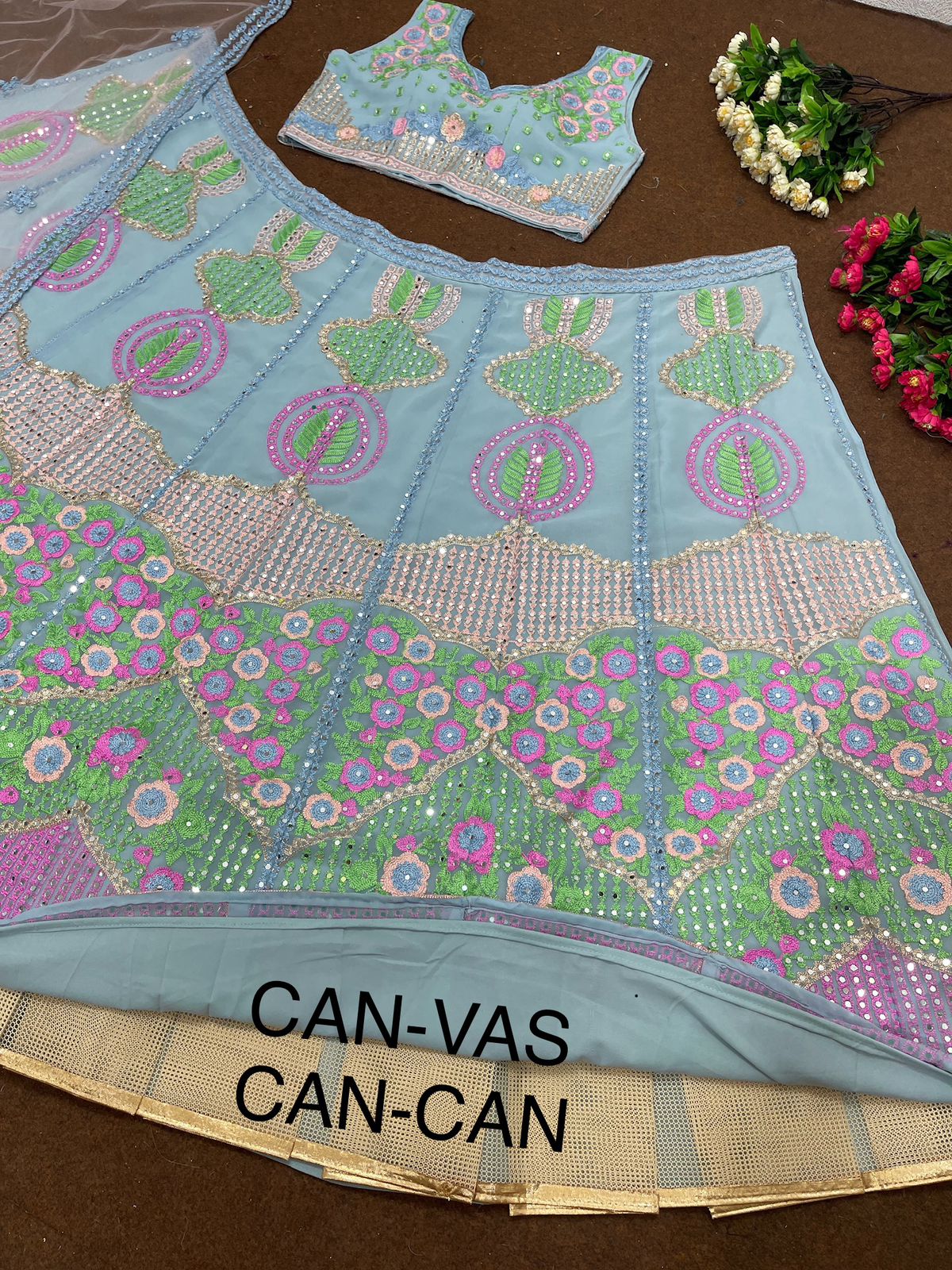 Wedding Wear Sky Blue Color Mirror Work Lehenga Choli