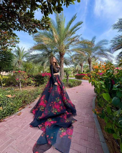 Ceremony Wear Latest Designer Black Organza Silk Floral Printed Lehenga Choli