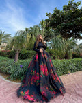 Ceremony Wear Latest Designer Black Organza Silk Floral Printed Lehenga Choli