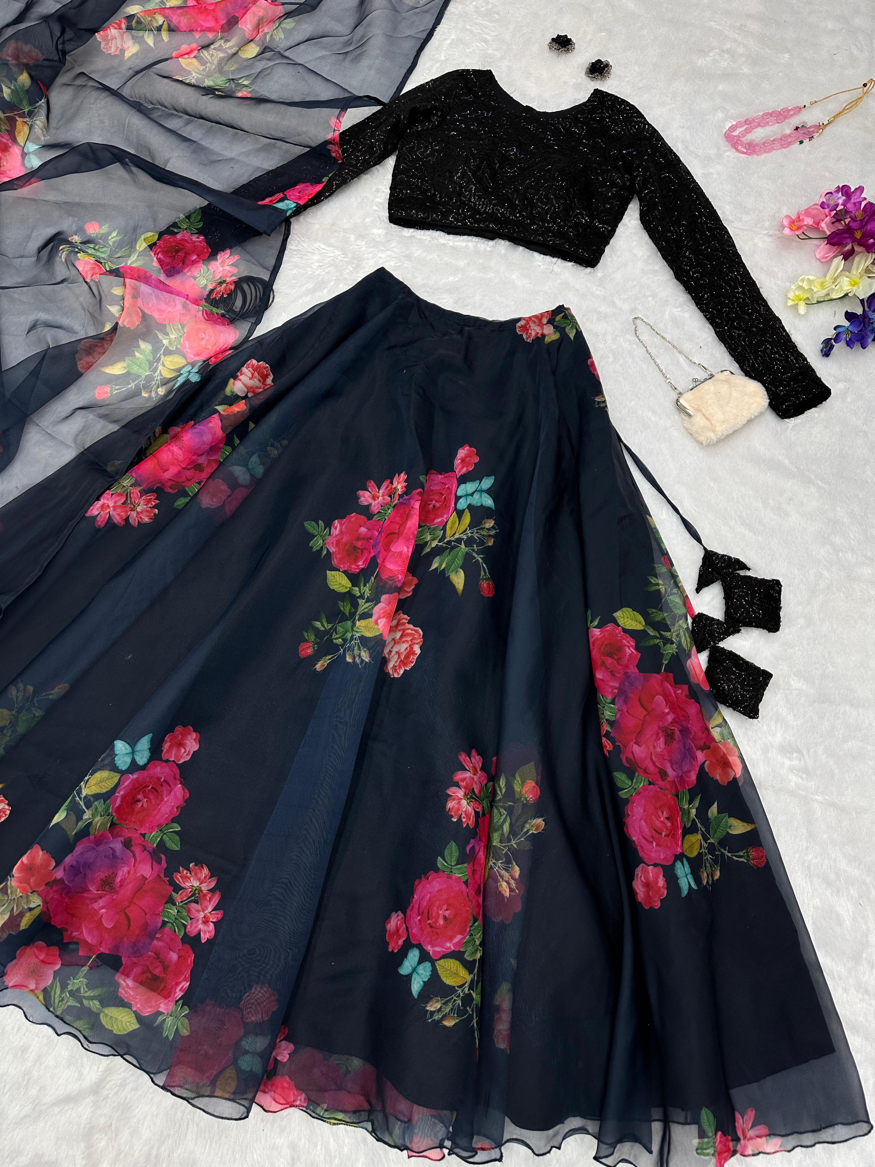 Ceremony Wear Latest Designer Black Organza Silk Floral Printed Lehenga Choli