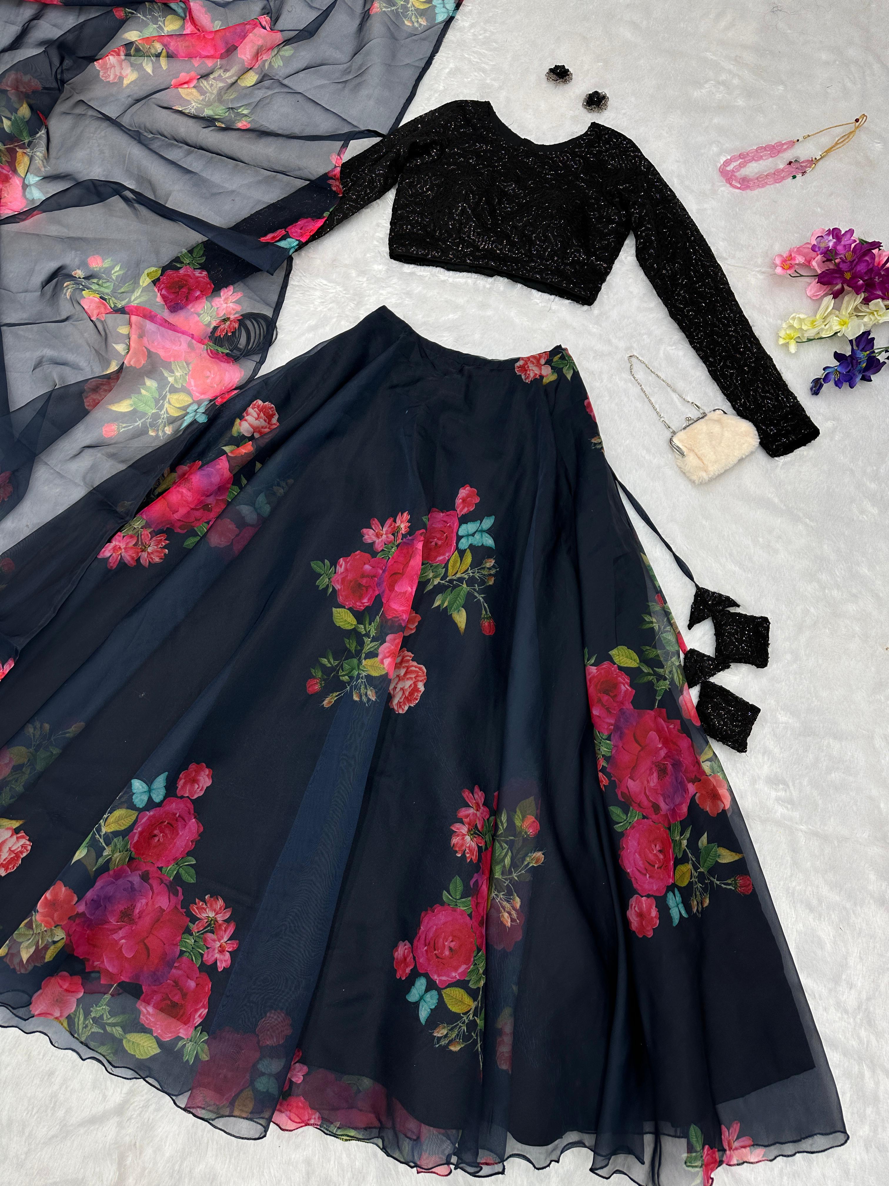 Ceremony Wear Latest Designer Black Organza Silk Floral Printed Lehenga Choli