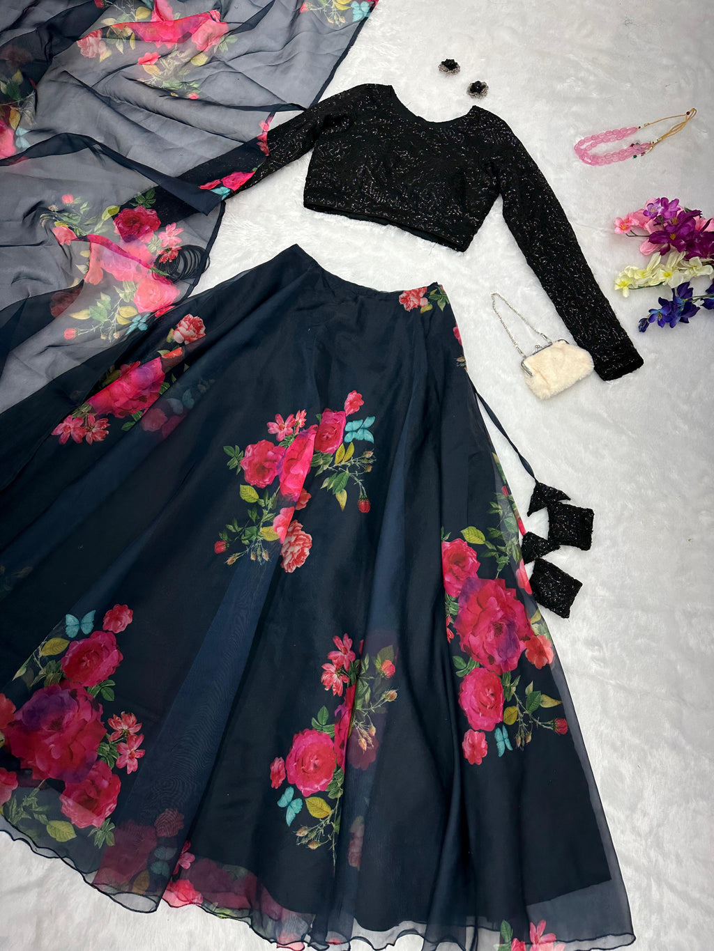 Ceremony Wear Latest Designer Black Organza Silk Floral Printed Lehenga Choli