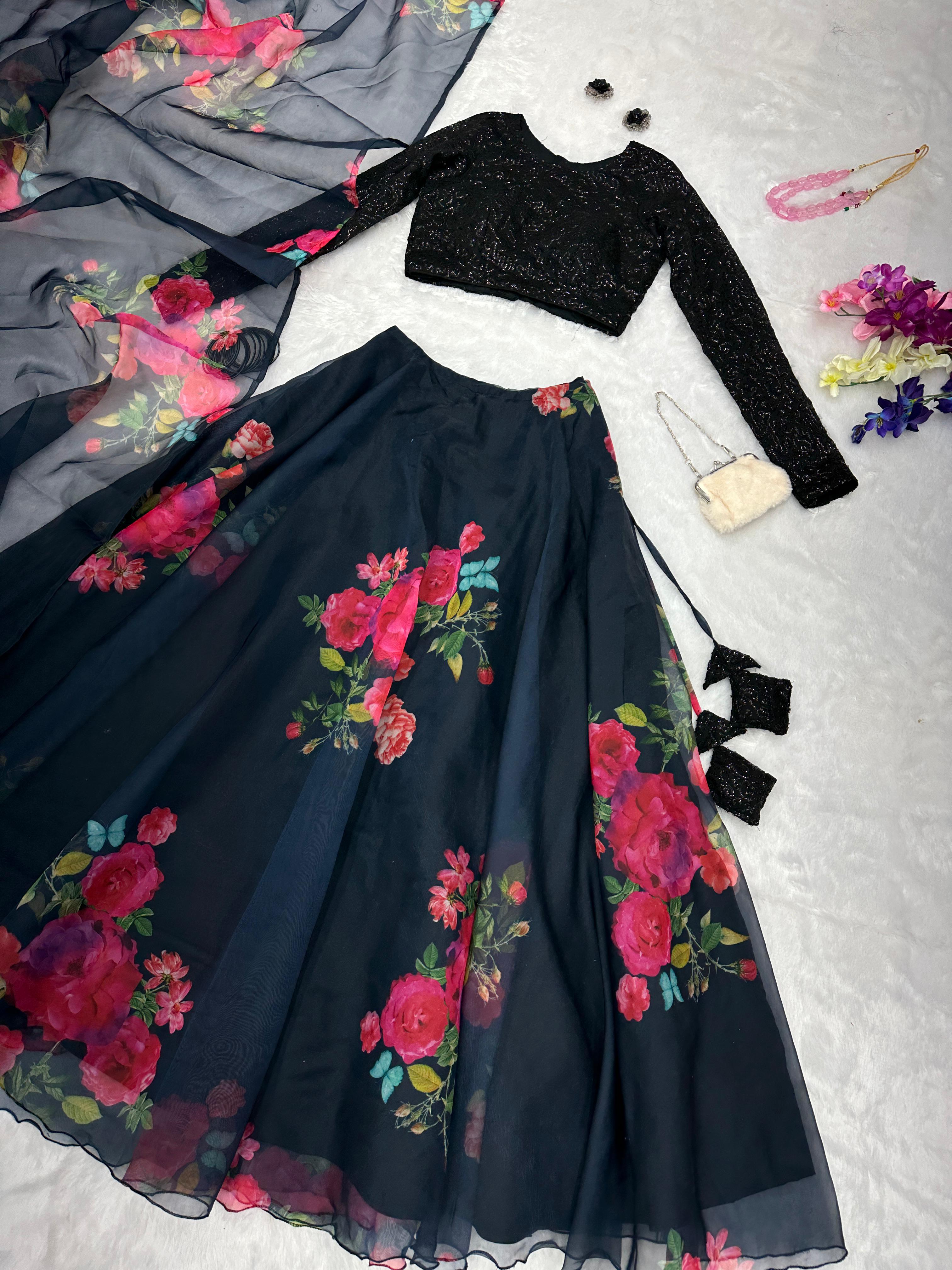 Ceremony Wear Latest Designer Black Organza Silk Floral Printed Lehenga Choli