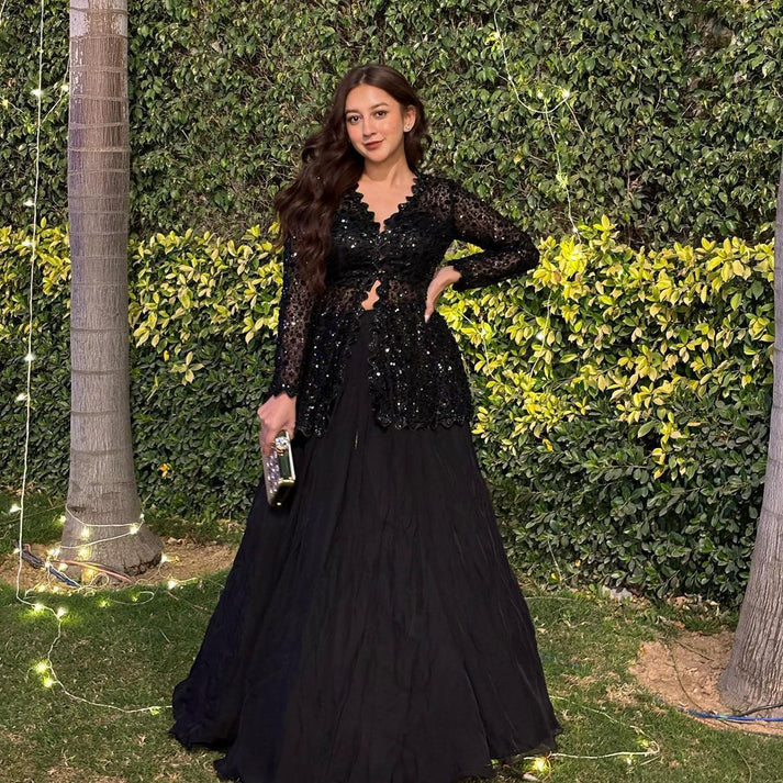 Reception Wear Designer Blazer Style Heavy Work Black Color Top With Lehenga | Indo Western Dress For Women